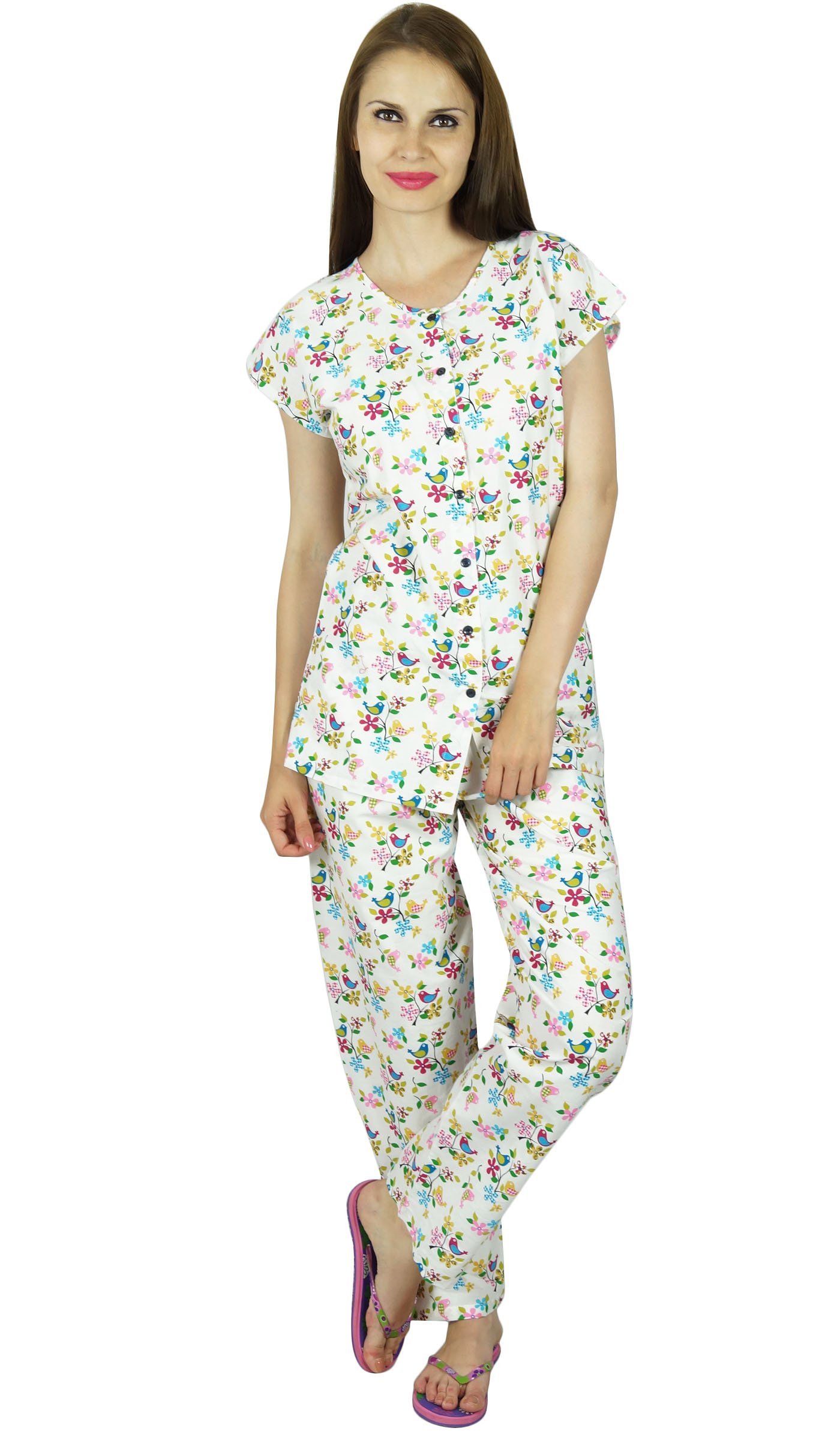 Bimba Women's White Cotton Pajama Set - Cap Sleeve Sleep Shirt & Lounge Pants for Comfortable Nightwear & Relaxing at Home