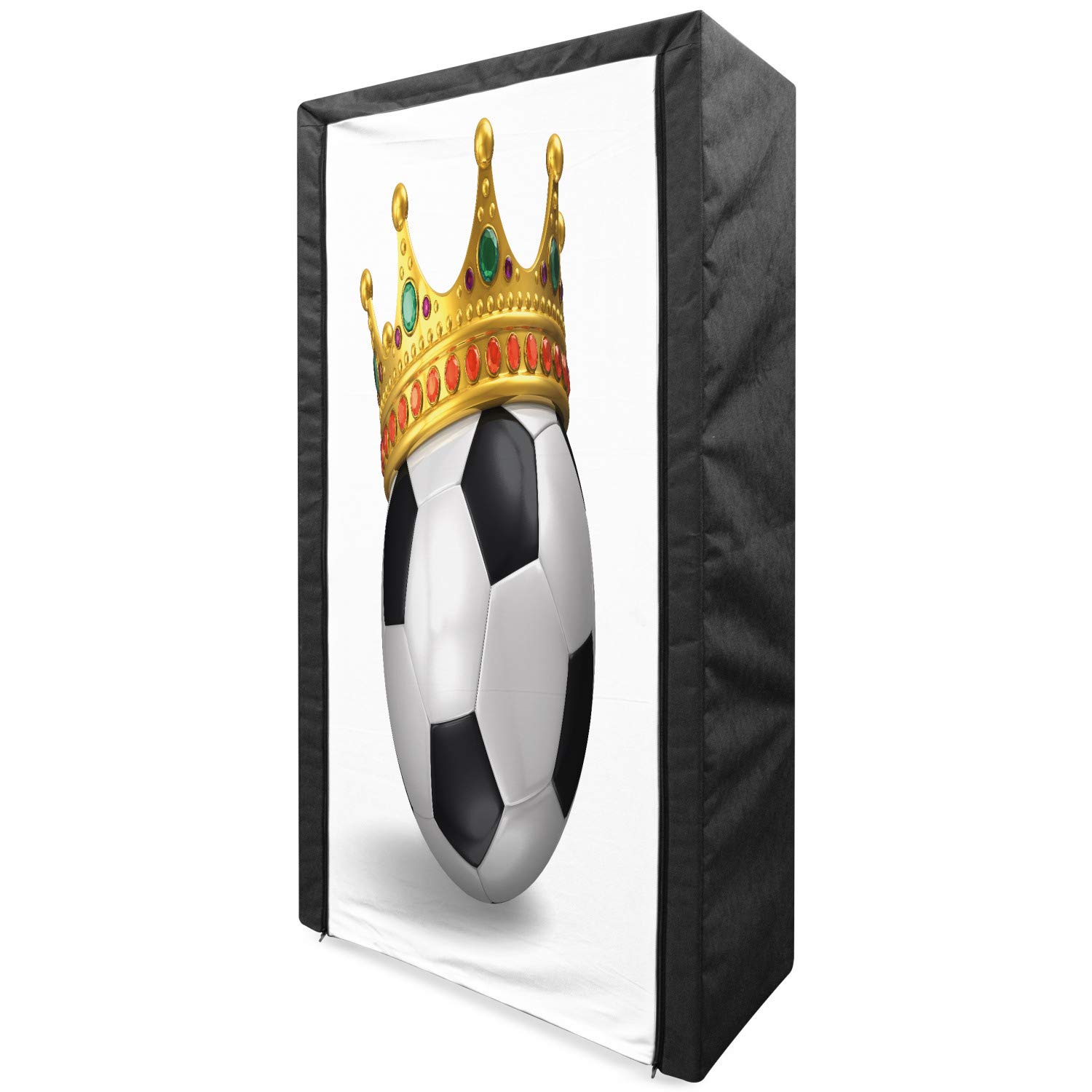 Ambesonne King Size Portable Fabric Wardrobe - Football Soccer Sports Championship Design with Crown & Ball Print - 33.5 Inch Multicolor Clothing Organizer with Shelves - Perfect for Bedroom, Dorm, or Apartment Storage Solutions