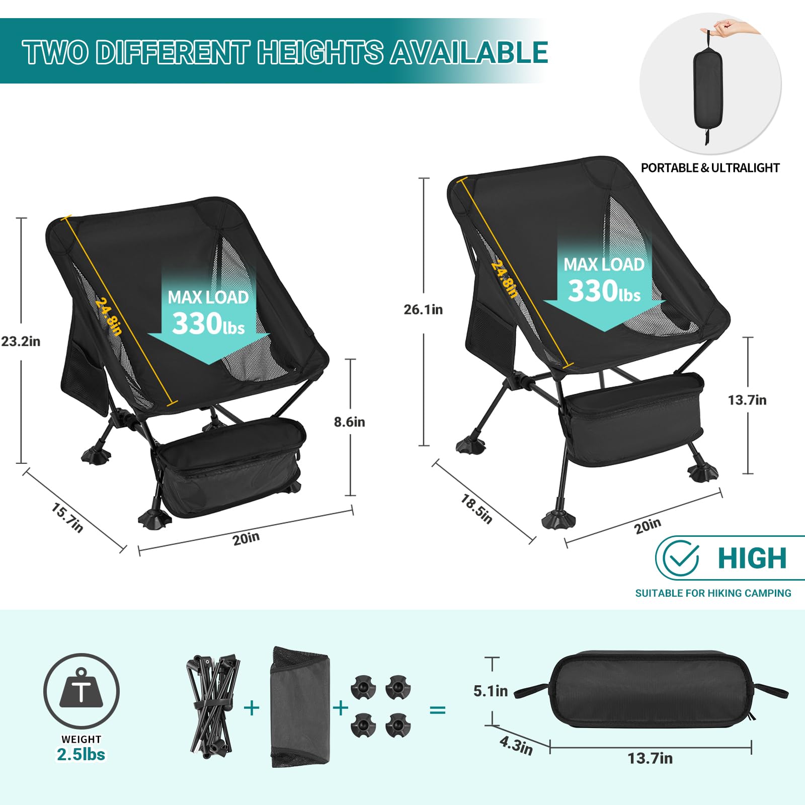 Ultralight Aluminum Camping Chair for Backpacking & Hiking - Compact Portable Folding Beach Chair with Anti-Sinking Feet - Perfect for Outdoor Adventures, Beach Trips, Picnics and Travel