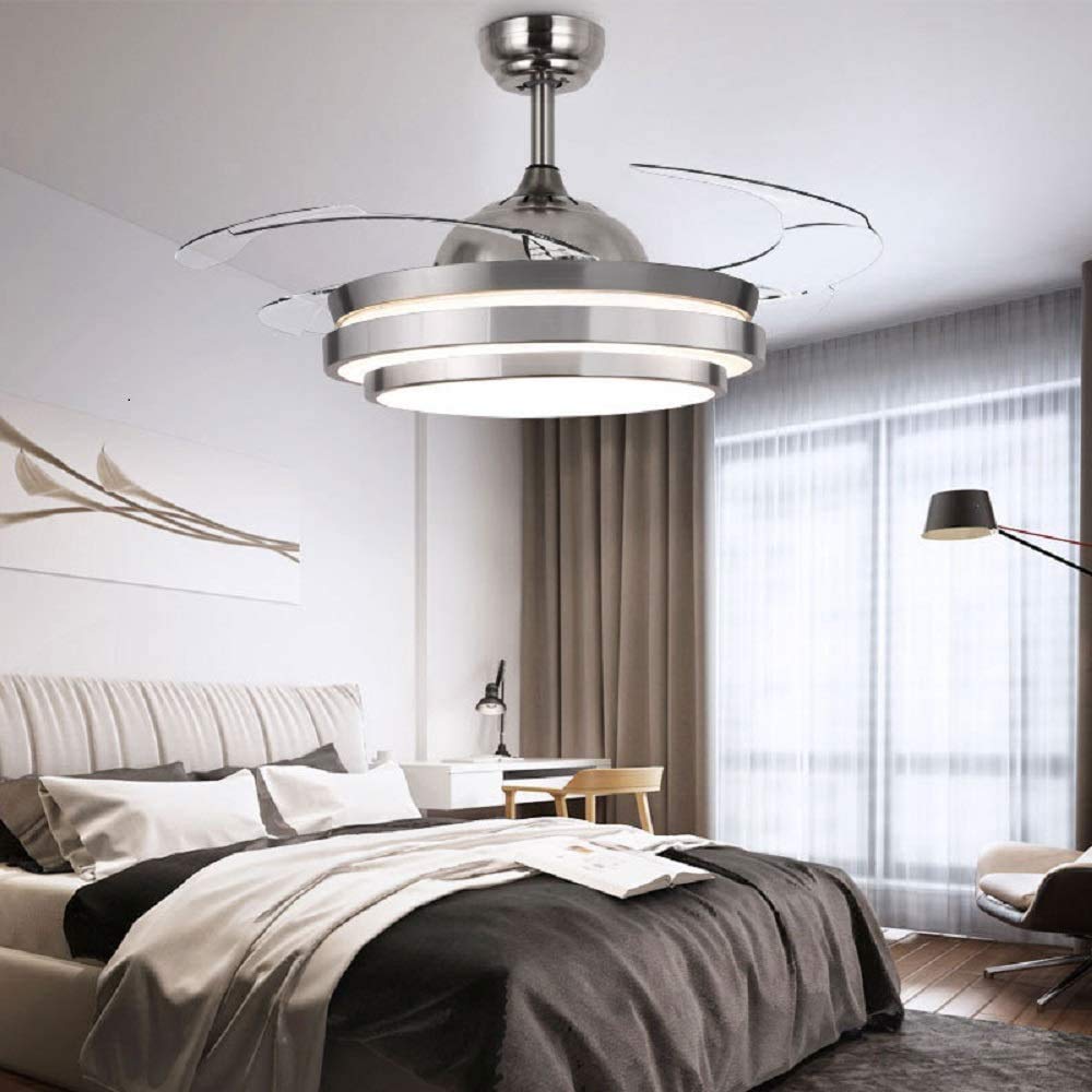 42 Inch Invisible Ceiling Fan with Remote Control - 3 Color Changing LED Lights, Retractable Blades, Reversible Motor - Modern Fandelier for Living Room, Bedroom, Dining Room - Energy Efficient Indoor Cooling & Lighting Solution (Chrome)