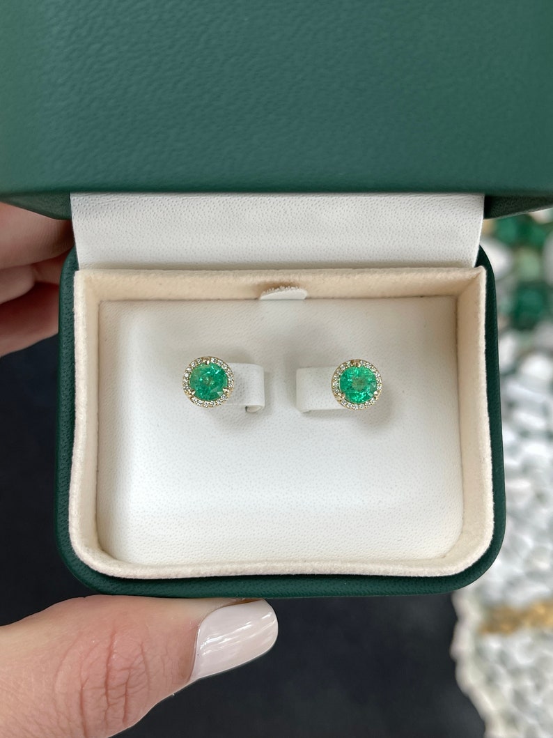 2.32tcw 14K Gold 8.5mm Round Emerald & Diamond Halo Stud Earrings for Women - Elegant Green Gemstone Jewelry Gift for Birthday, Anniversary & Special Occasions
