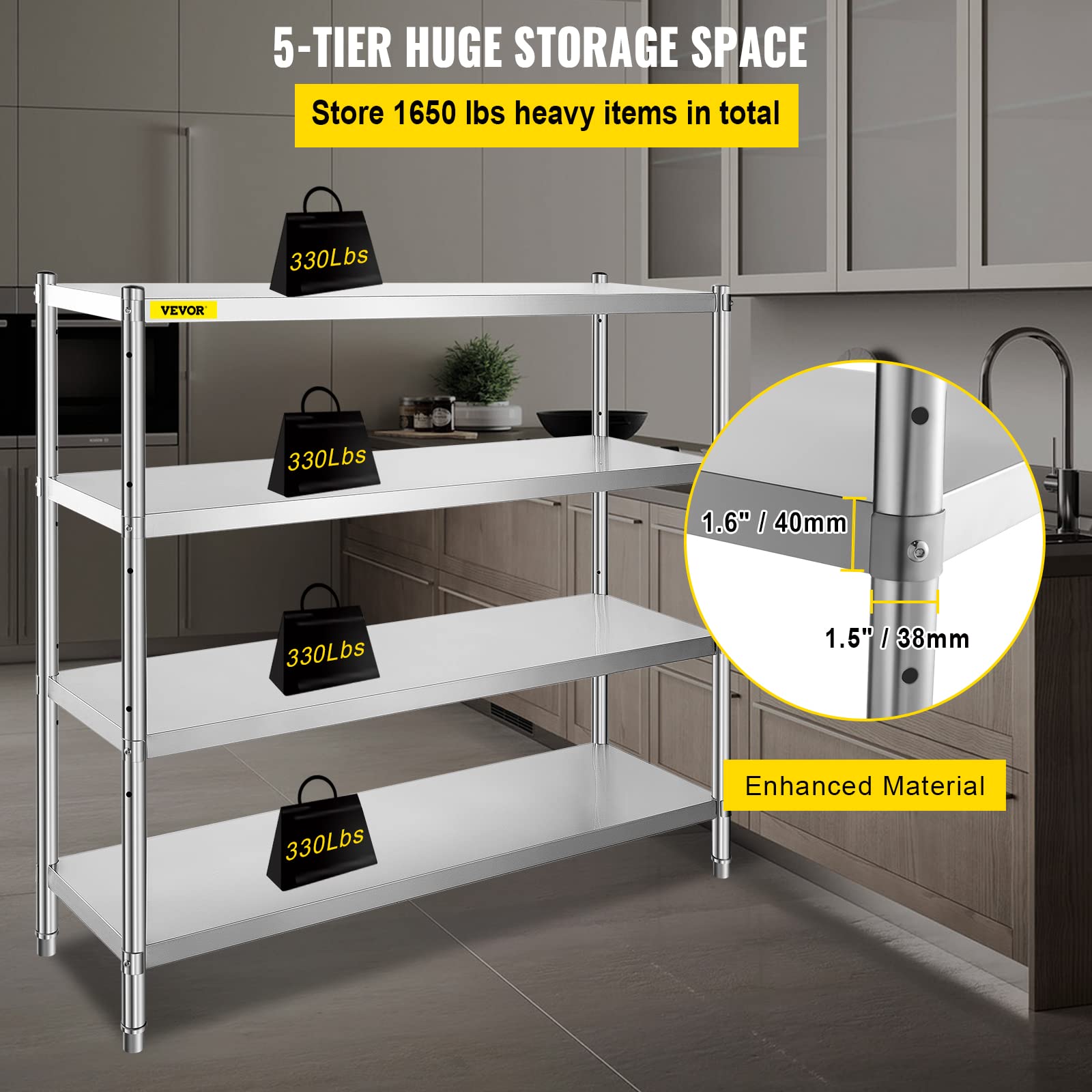 VEVOR 4-Tier Stainless Steel Storage Shelf - Heavy Duty Adjustable Shelving Unit with 1320 lbs Capacity - Perfect for Garage, Warehouse, Pantry & Home Organization