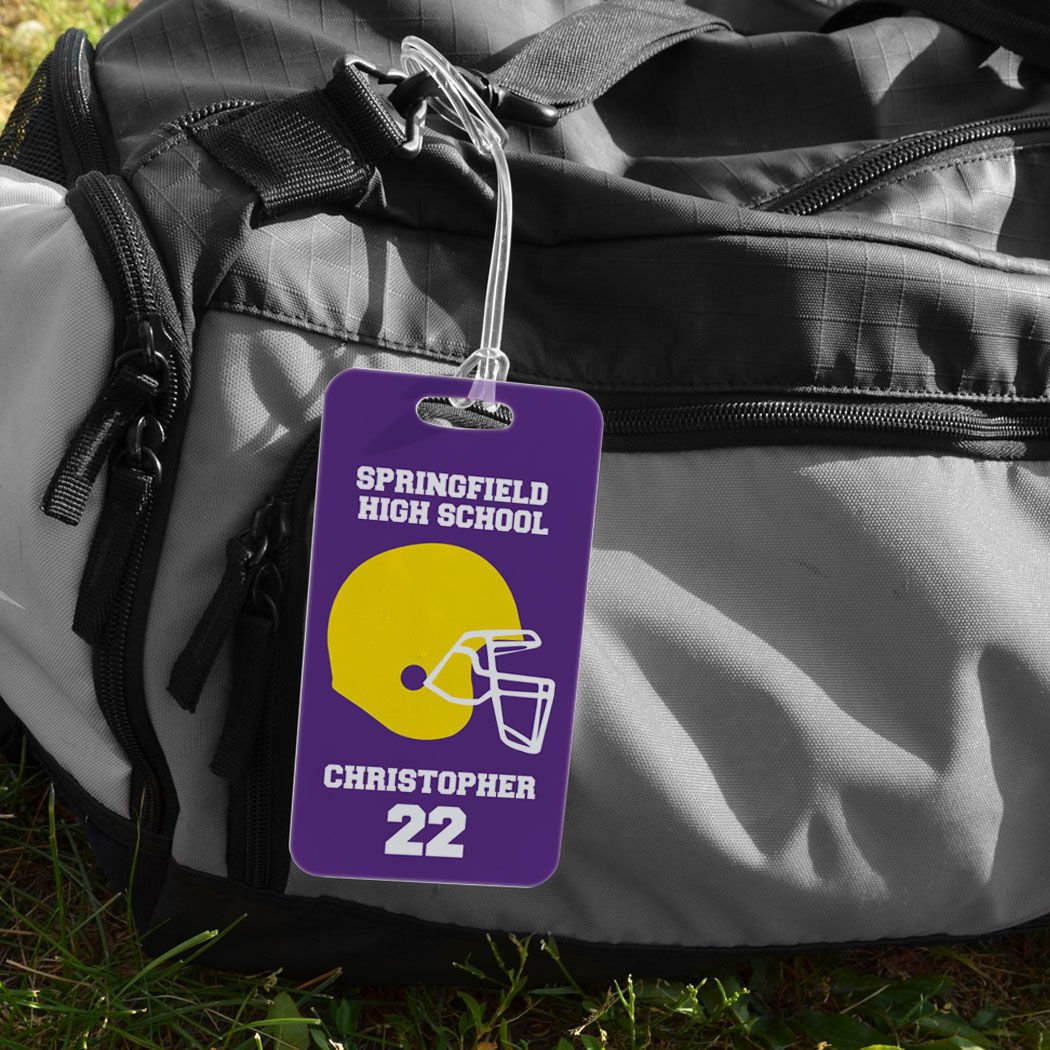 Personalized Football Team Helmet Luggage Tag - Large Purple & Yellow Baggage ID Tag with Standard Lines for Travel, Sports Events & Fan Gifts