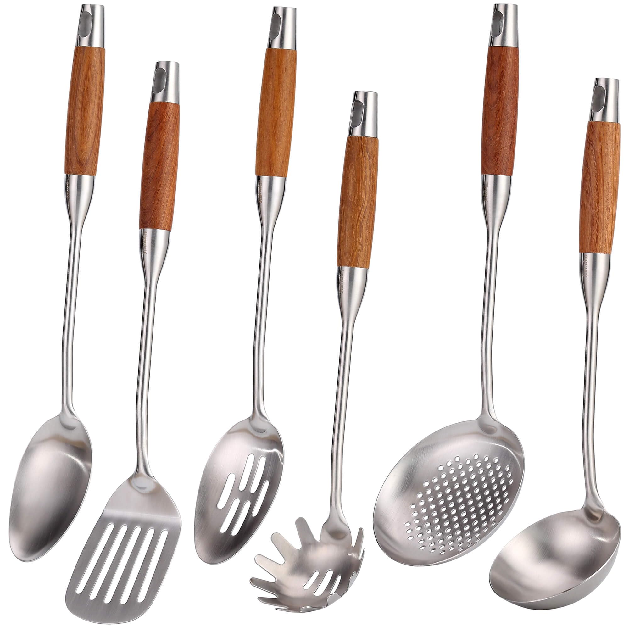 Premium 18/10 Stainless Steel Kitchen Utensils Set with Wooden Handle - 6-Piece Cooking Tools (15