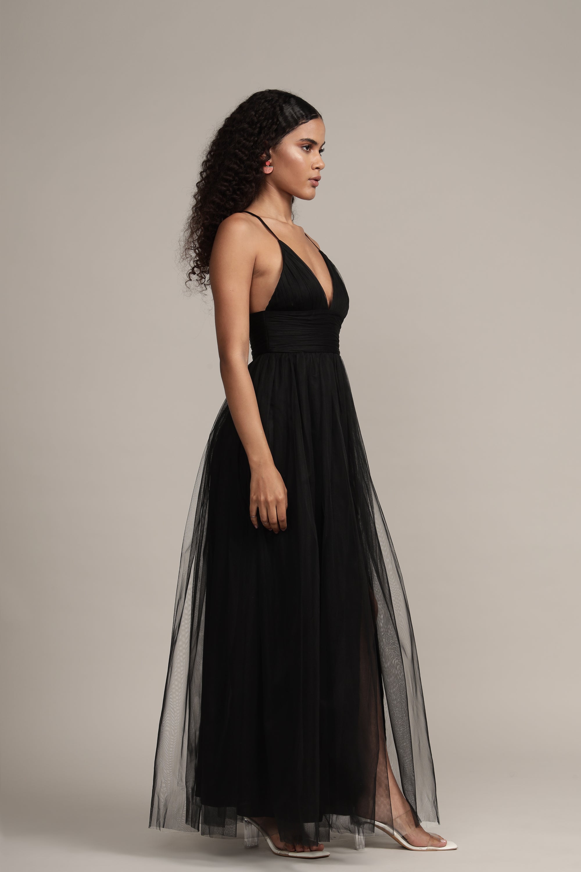 Elegant Black Opal Tulle Maxi Dress for Women - Perfect for Evening Parties, Weddings & Special Occasions