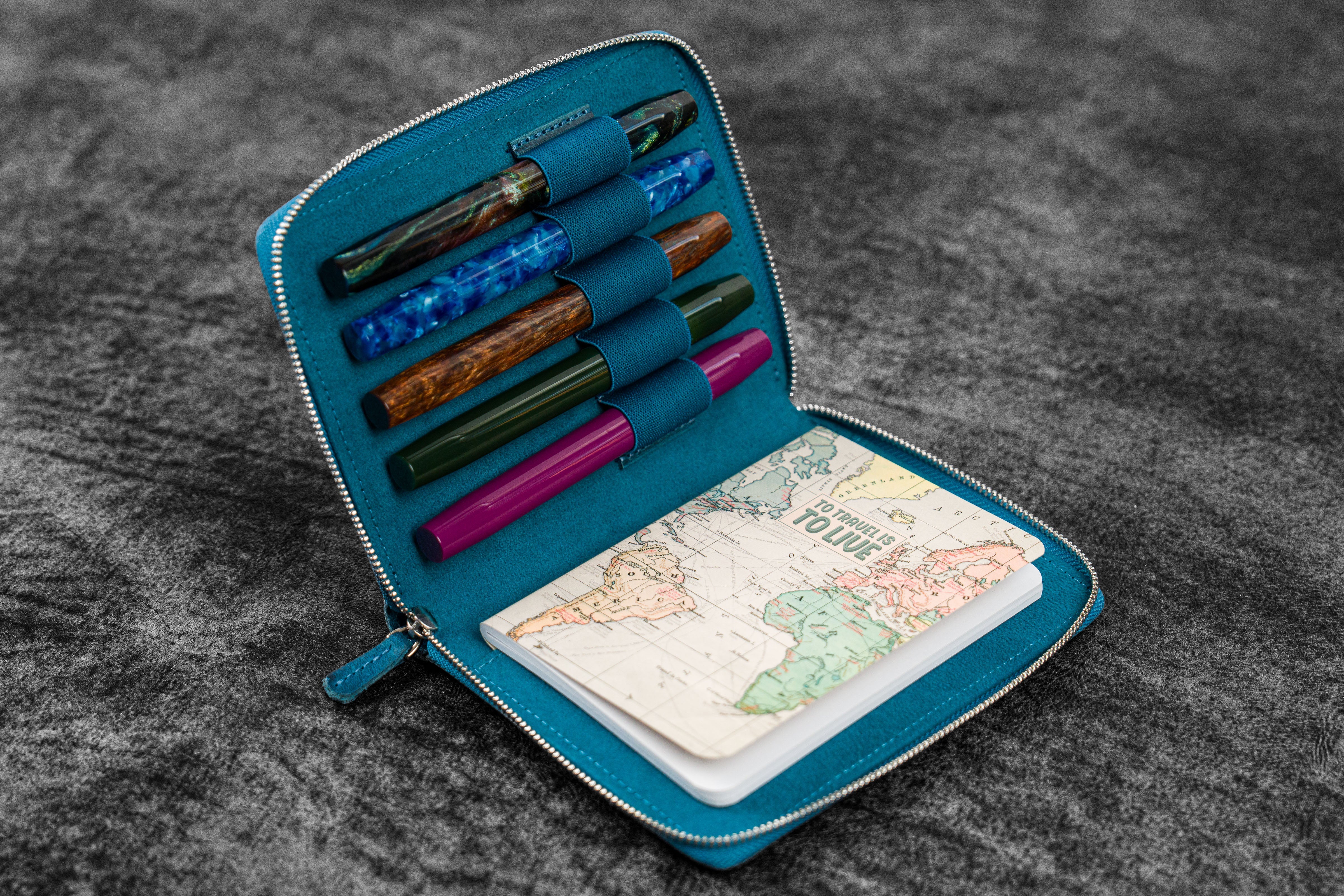 Premium Leather Zippered 5-Slot Pen Case - CH Ocean Blue - Perfect for Office, School & Travel Organization