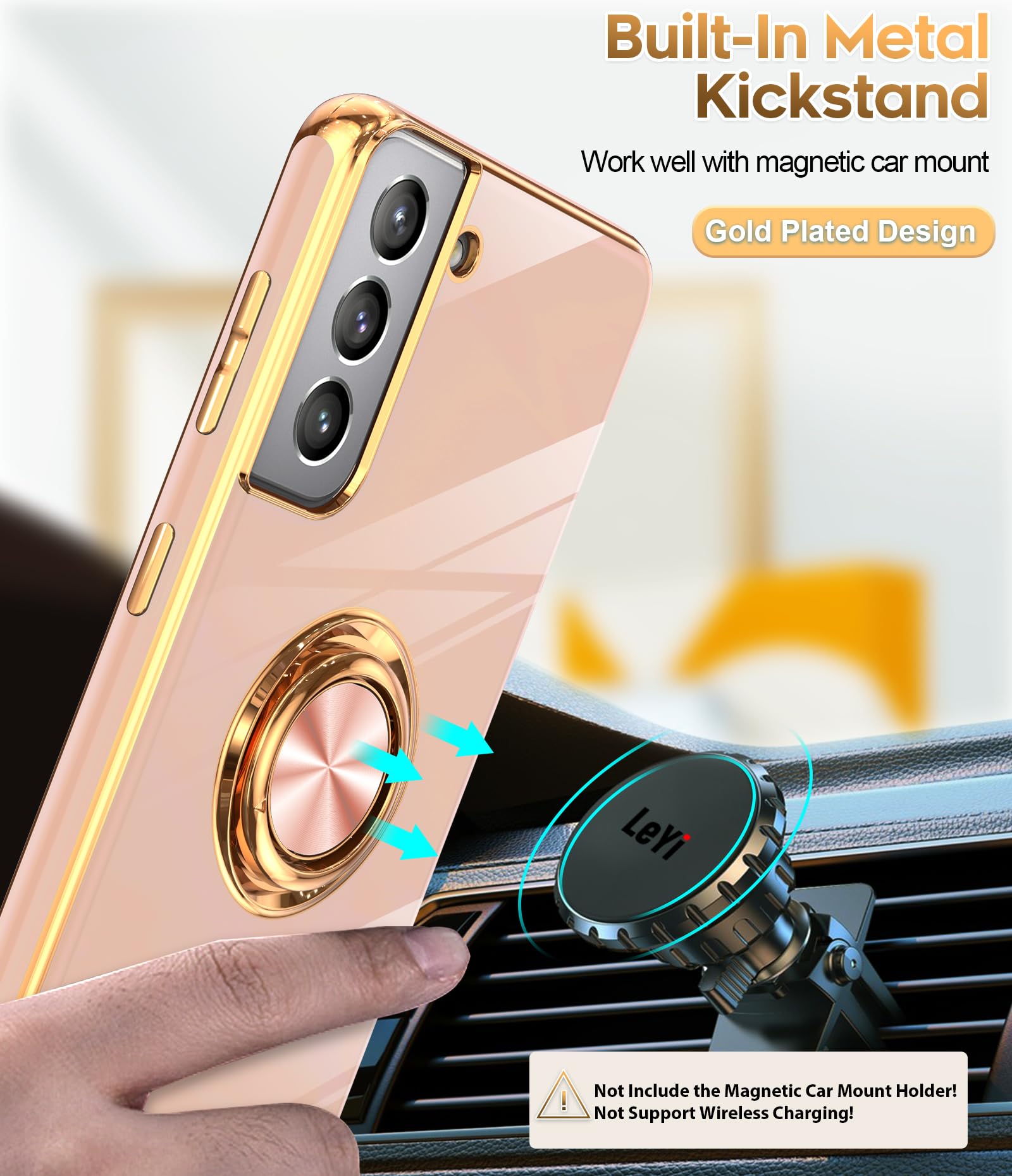 Magnetic Phone Case for Samsung S21 5G - 360° Rotating Ring Holder & Car Mount | Fashion Pink TPU Case for Women