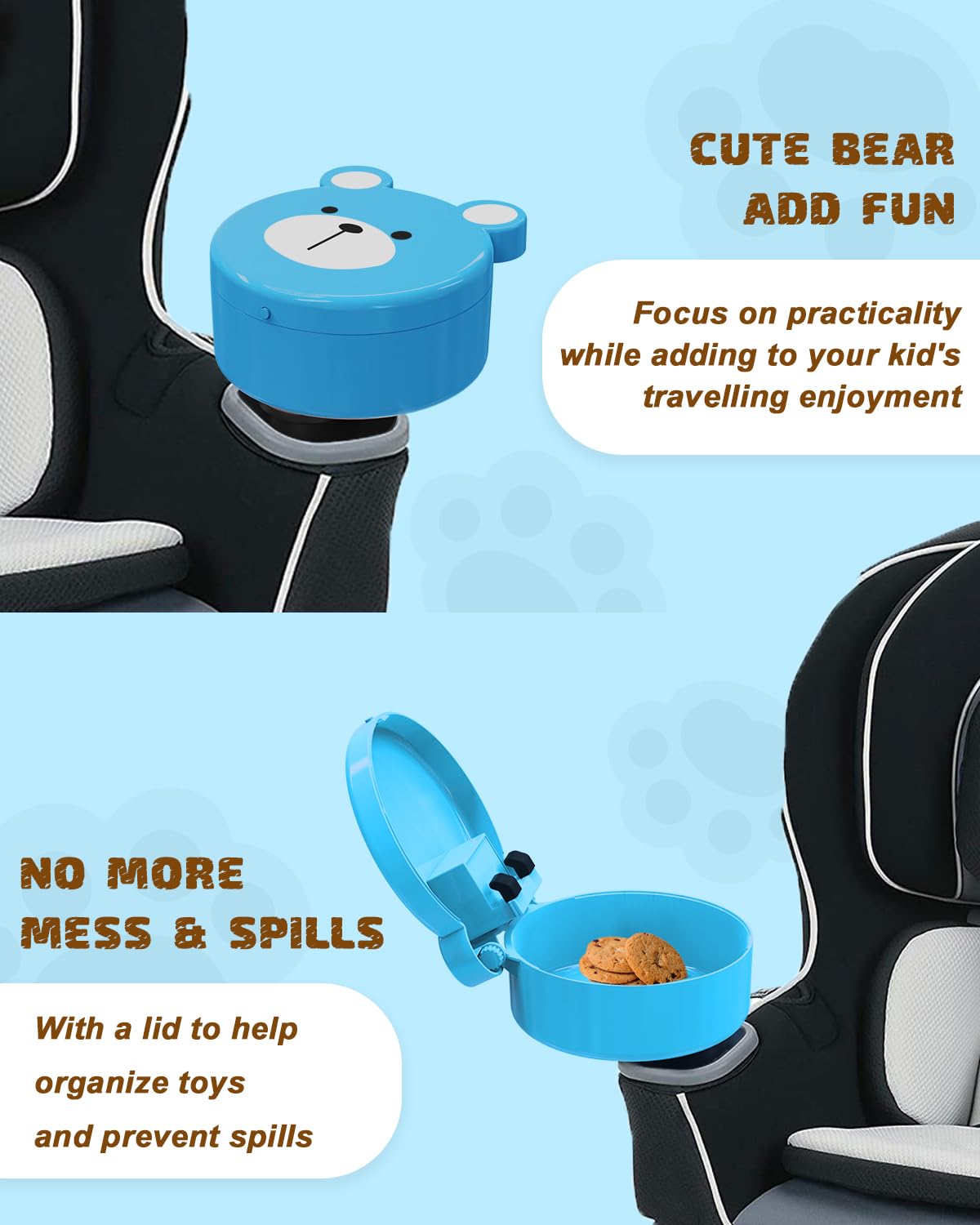 SEVEN SPARTA Adjustable Kids Car Seat Tray with Bear Lid - Tablet & Phone Holder, Snack Tray & Cup Holder - Perfect for Family Travel, Road Trips & Long Car Rides - Car Seat Organizer Accessories (Blue)