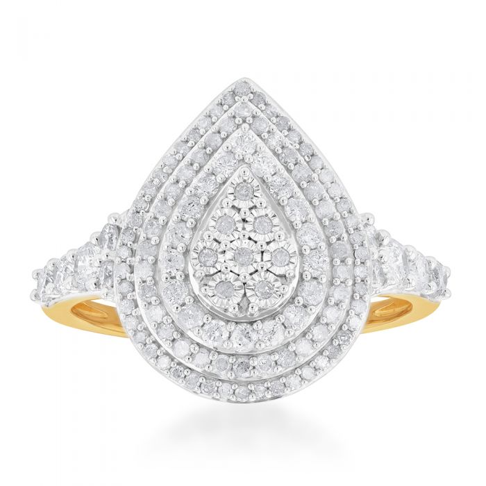 1 Carat Diamond Pear Shaped Cluster Ring in Sterling Silver & 9ct Gold - Elegant Wedding, Engagement & Anniversary Jewelry Gift for Her