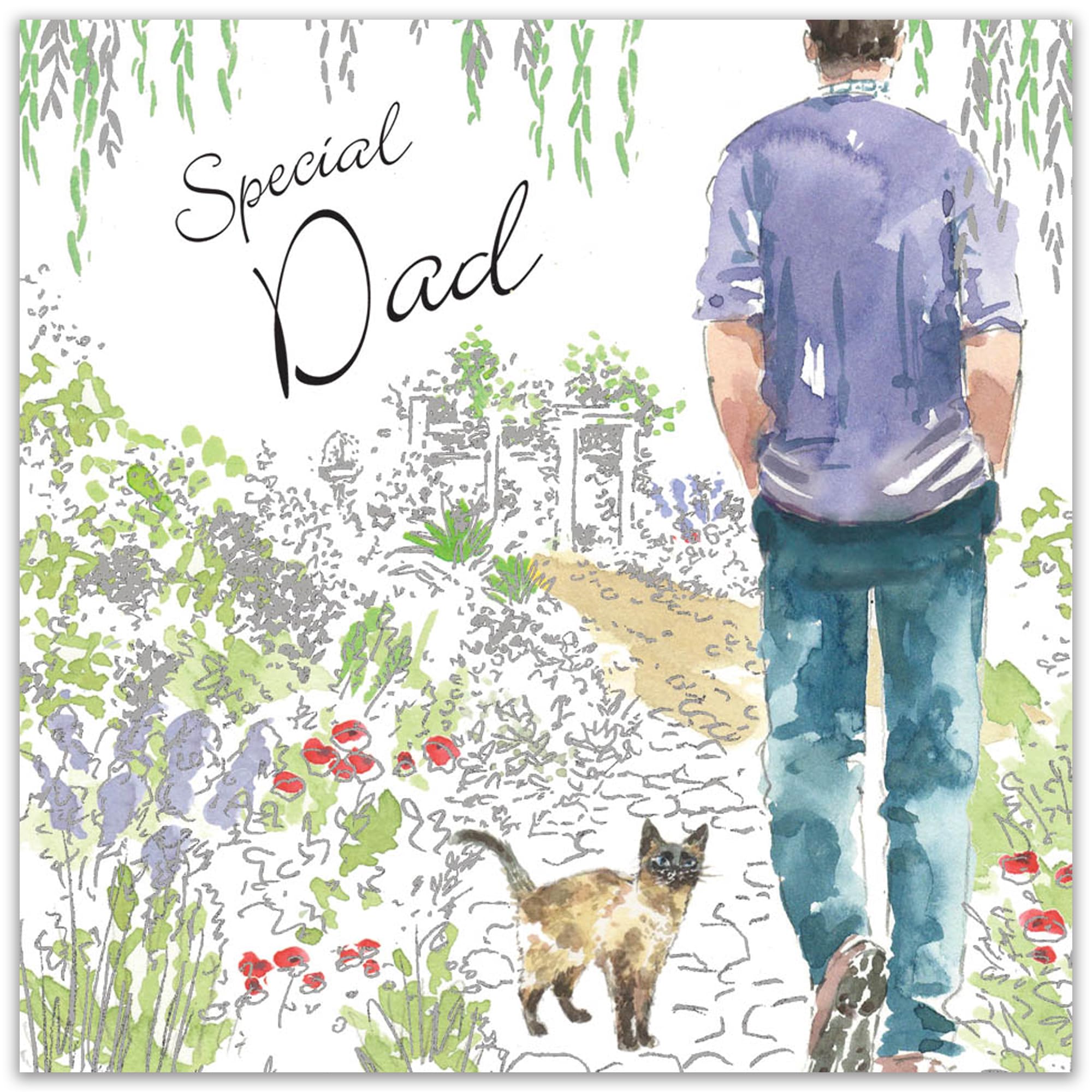 Twizler Happy Birthday Card for Dad - Elegant Silver & Green Foil Design with Watercolor Cat Illustration | Perfect Father's Day, Birthday & Special Occasion Greeting Card for Men