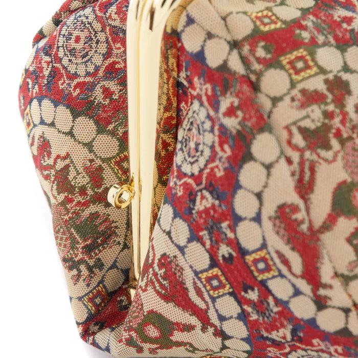 Nishijin Woven Small Lion Hunter Red Pouch - Handmade in Kyoto Japan | Cosmetic & Makeup Bag, Japanese Gamaguchi Pouch for Travel Toiletry, Stationery Organizer, Bag-in-Bag | Perfect for Daily Essentials, Gift Giving & Japanese Culture Lovers