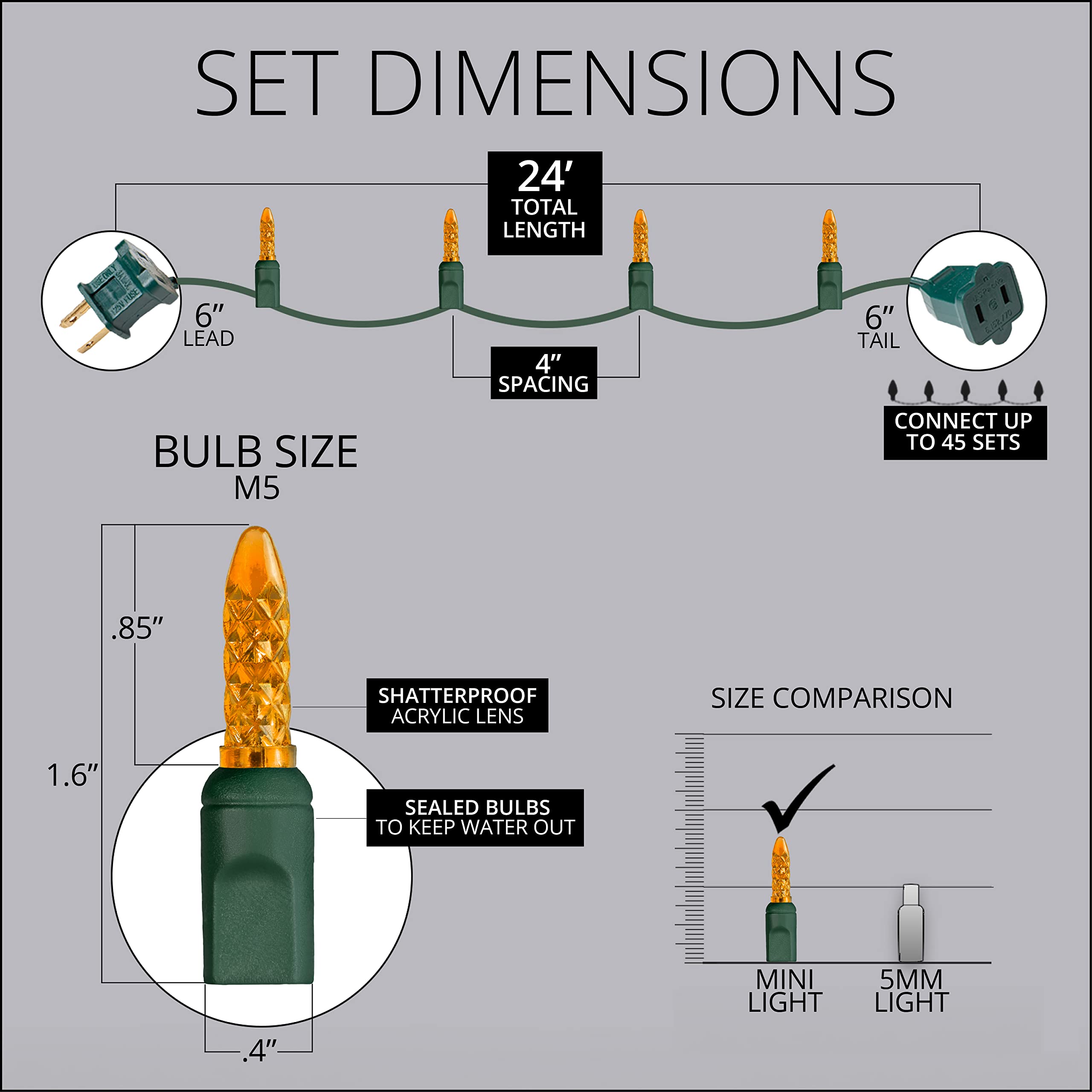 70 M5 Amber LED Christmas Lights with Green Wire - 4