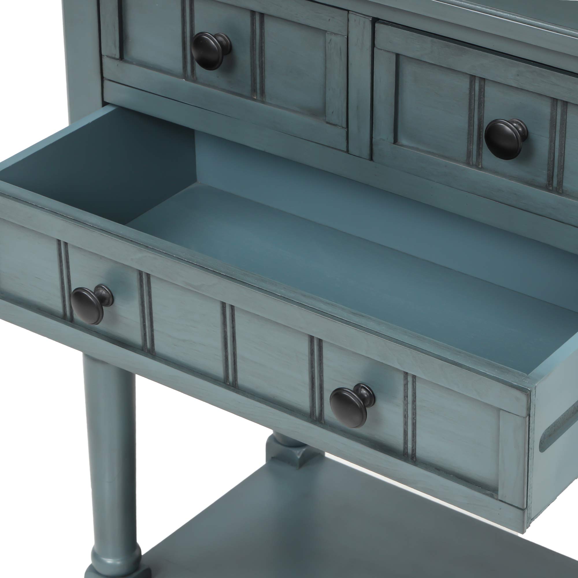 Narrow Console Table with 4 Storage Drawers & Bottom Shelf - Solid Wood Sofa Table, Entryway Table for Living Room, Hallway - Easy Assembly (Navy) | Perfect for Small Spaces, Behind Sofa, or as Entryway Storage Solution