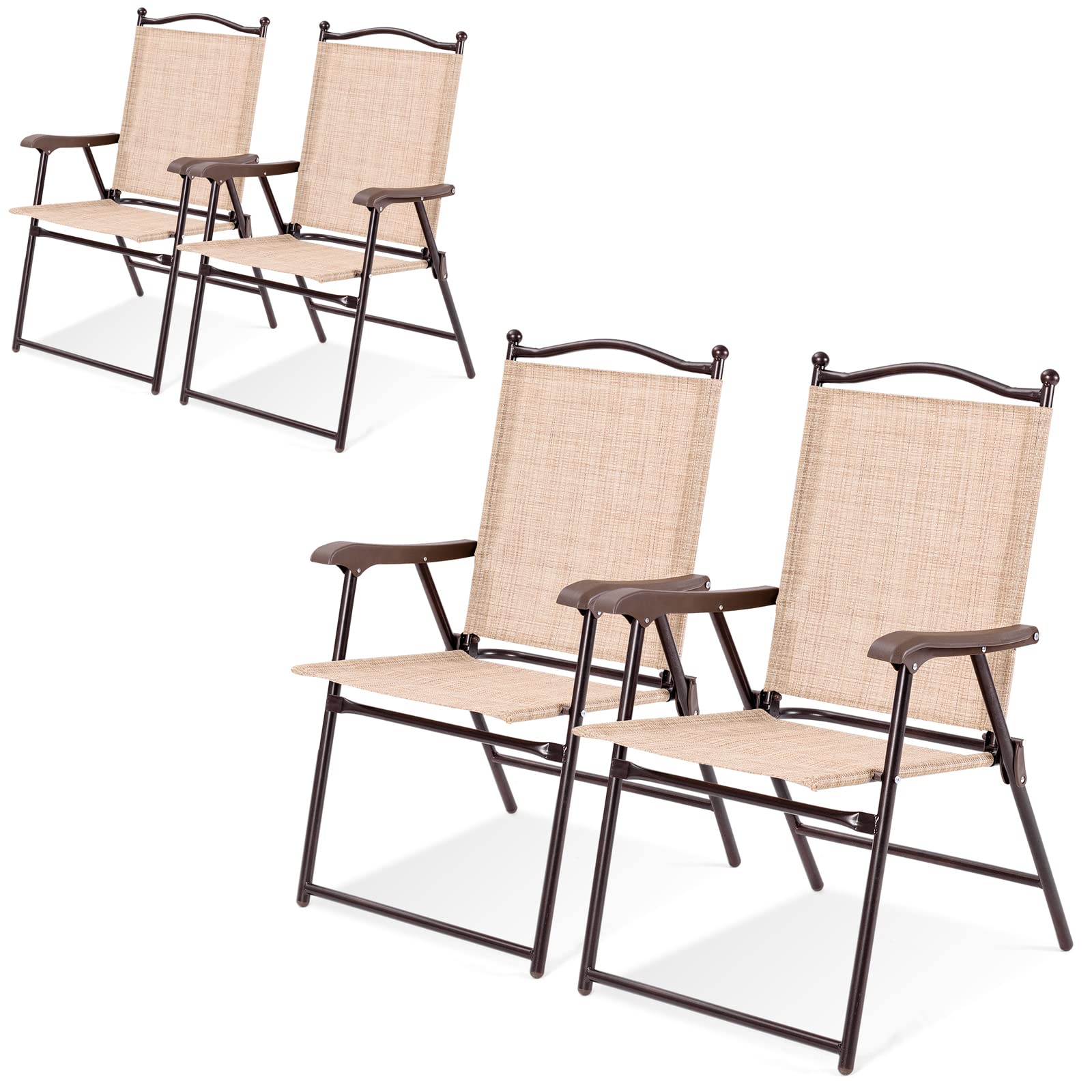 4-Pack Patio Folding Chairs with Armrests - Portable Sling Chairs for Indoor & Outdoor Use - Sturdy Metal Frame Lawn Chairs for Yard, Garden, Pool, Beach & Camping - No Assembly Required (Beige) - Perfect for BBQs, Picnics & Outdoor Relaxation