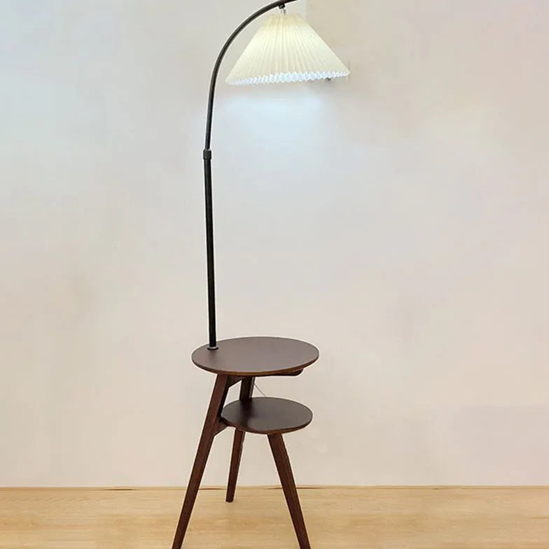 Modern Wooden Arched Floor Lamp with Side Table - Adjustable Standing Light for Living Room, Bedroom & Office - Warm Ambient Lighting for Reading & Relaxation