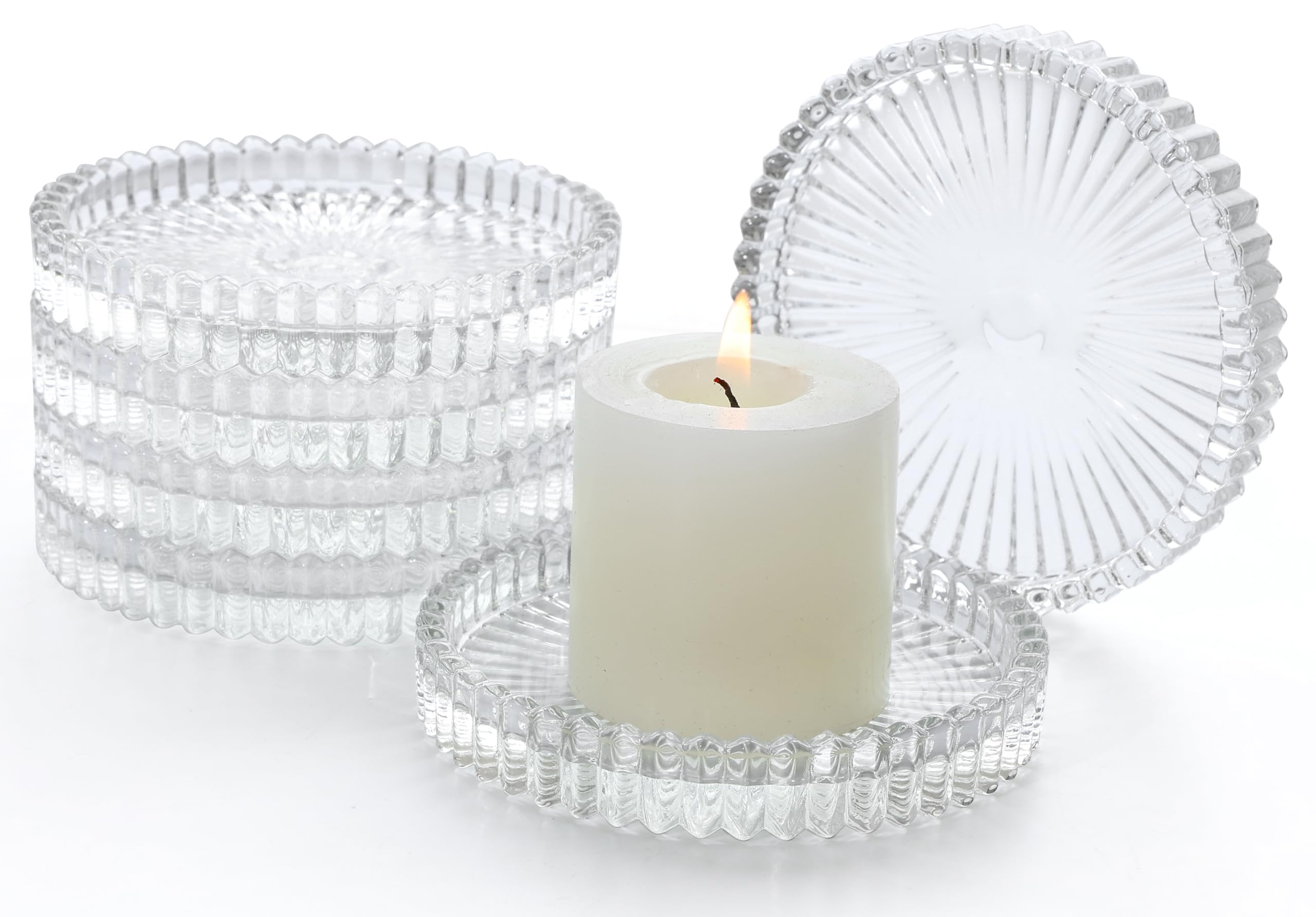 Clear Glass Pillar Candle Holders - Set of 6 (4 Inch) for Wedding Centerpieces, Party Decor, Holiday Table Settings & Home Decoration - Elegant Candle Plates for Romantic Dinners, Christmas Decorations & Special Events