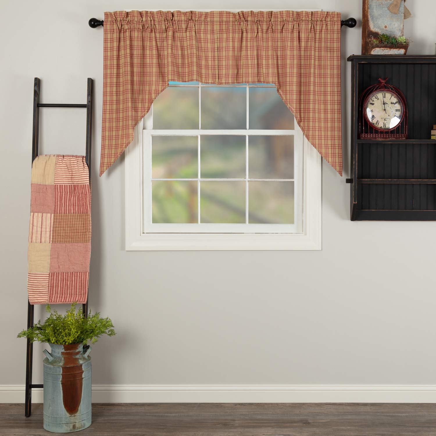 Sawyer Mill Plaid Cotton Farmhouse Kitchen Curtains - 36 Inch Rod Pocket Window Treatments with Hanging Loops, Red Checkered Design for Rustic Dining Room & Cozy Countryside Home Decor