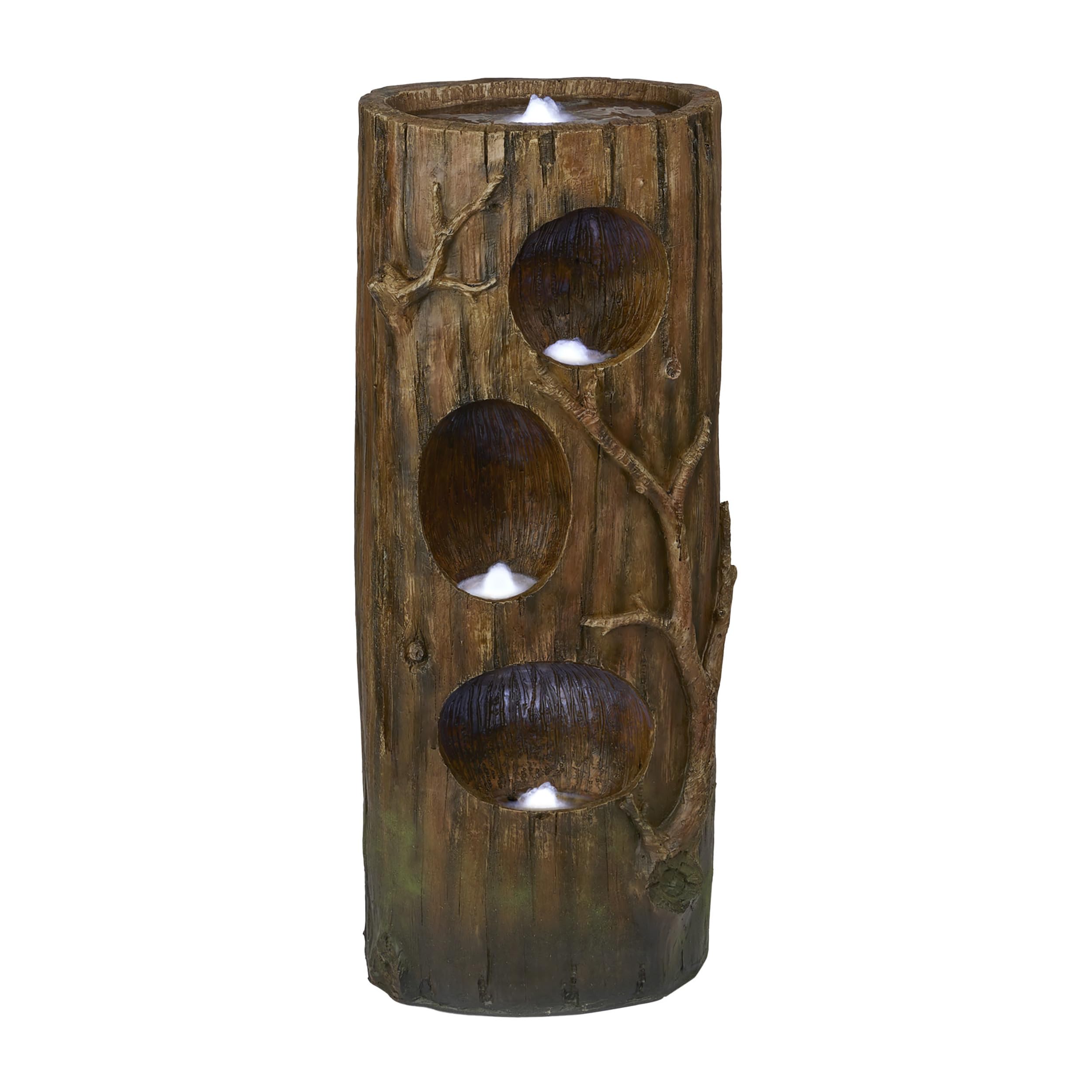 Alpine Corporation 4-Tier Tree Trunk Water Fountain with LED Lights - Outdoor Garden Decor, Patio Waterfall Feature for Relaxing Backyard Ambience
