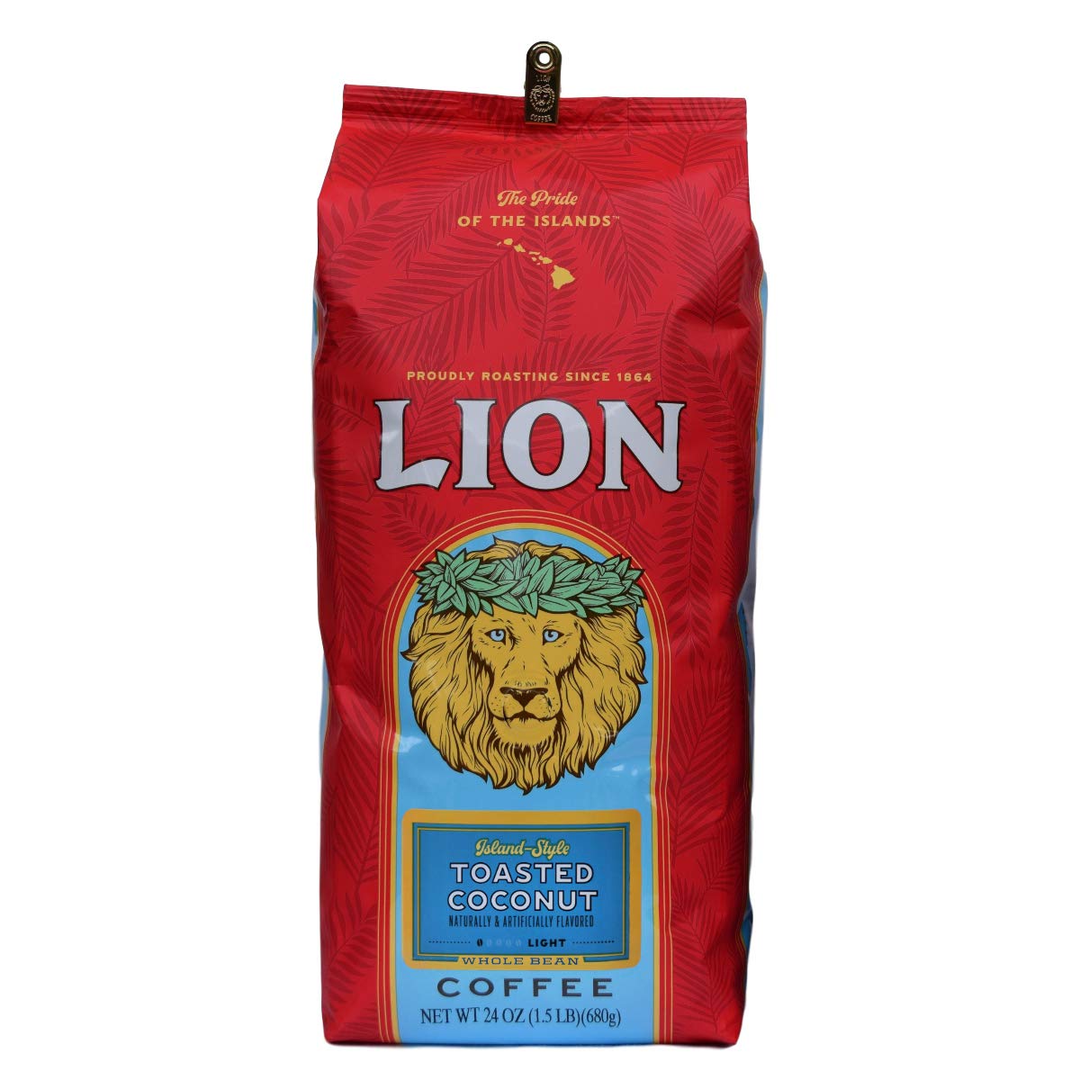 Lion Coffee Toasted Coconut Flavored Light Roast Whole Bean Coffee - 24 Ounce Bag - Premium Hawaiian Coffee for Home Brewing, Office & Gifts - Taste of Aloha in Every Cup