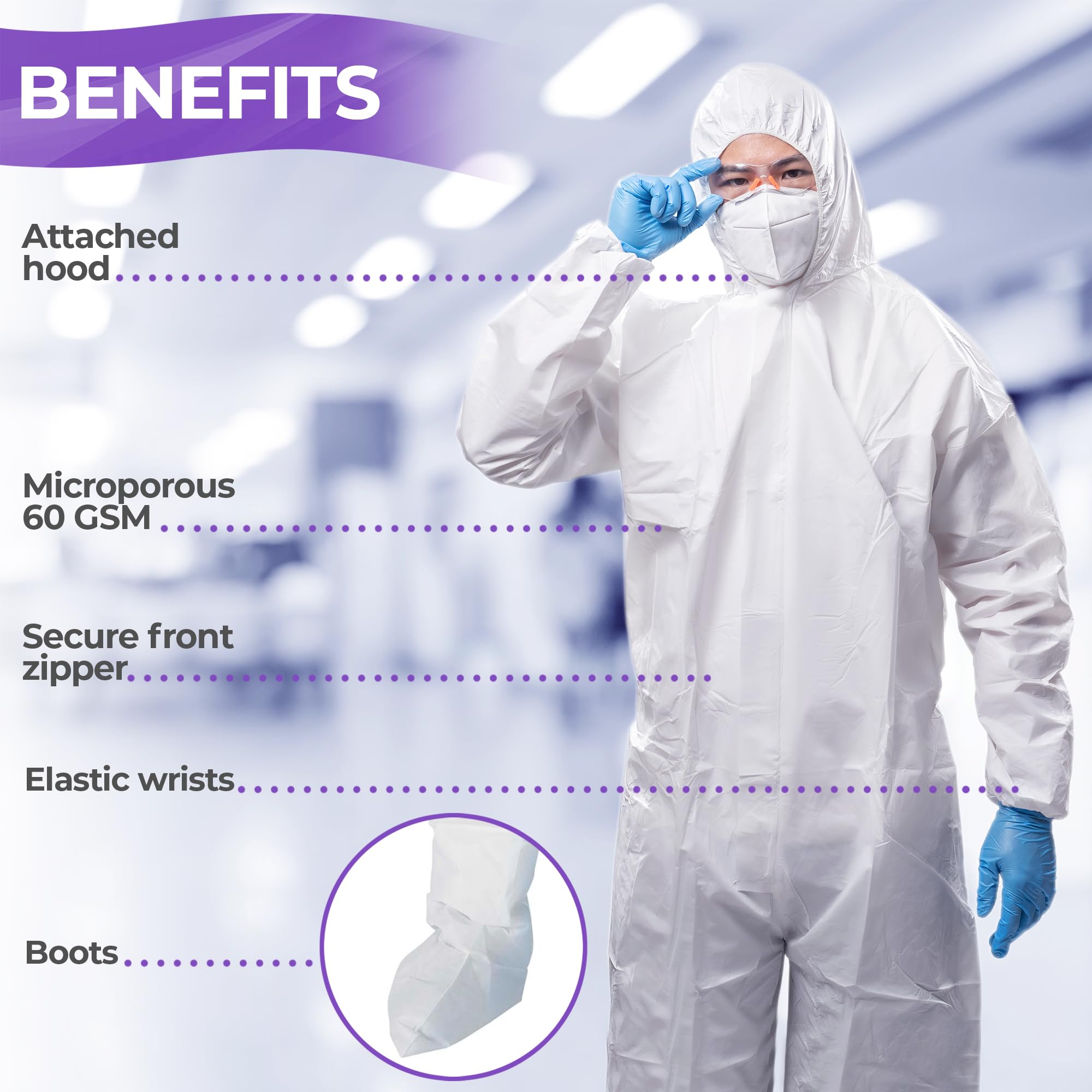 AMZ Medical Supply White Disposable Coveralls with Hood & Boots - Medium (Pack of 5) | Microporous Lab Coveralls for Men & Women | 60 GSM Painters Suit with Elastic Wrist, Lower Back & Zipper | Ideal for Medical, Lab Work, Painting & Industrial Protection