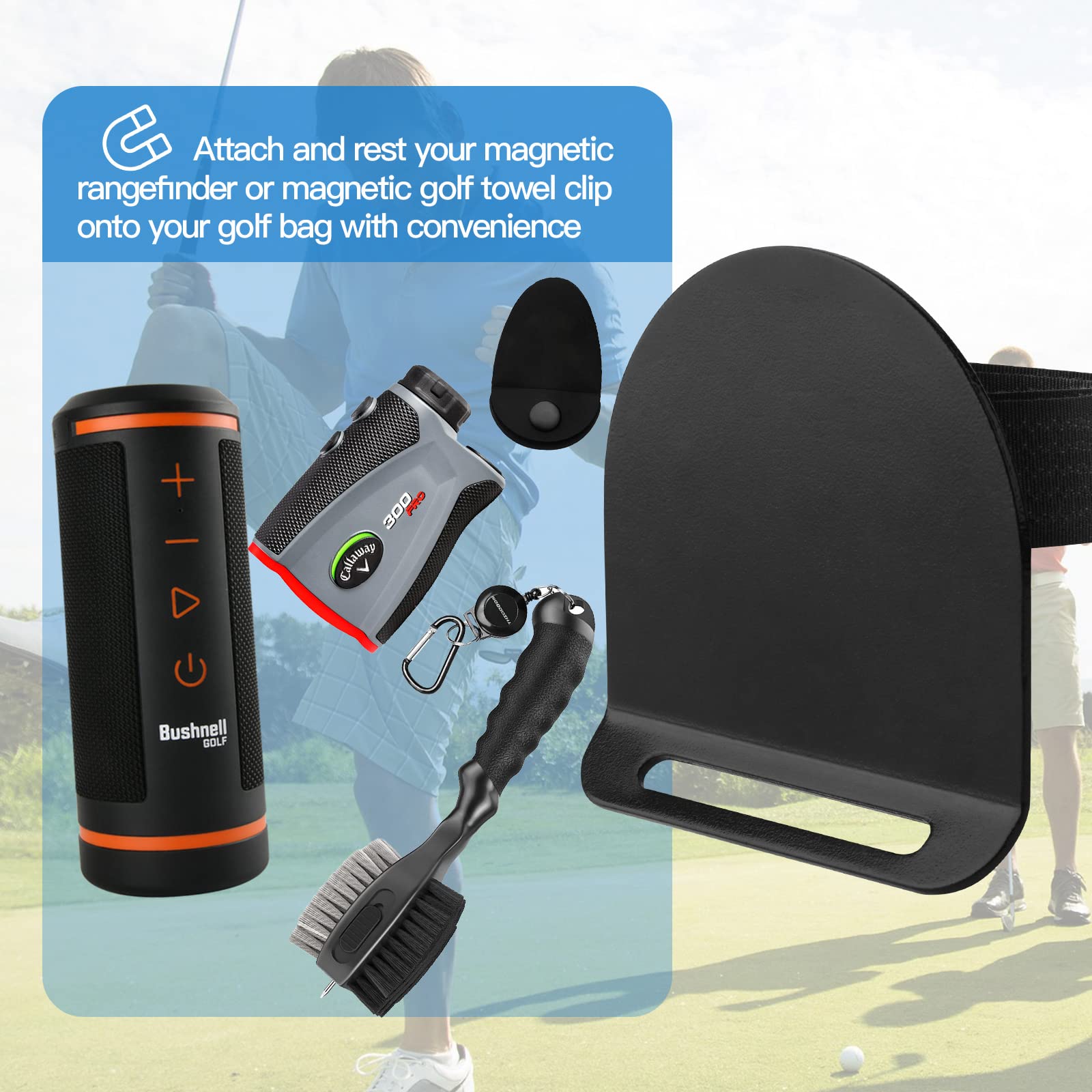 Magnetic Golf Bag Landing Pad - Secure Holder for Magnetic Golf Accessories Like Rangefinders & Towels | Durable Metal Clip with 2 Hook & Loop Straps | Perfect for Golf Course & Driving Range Use