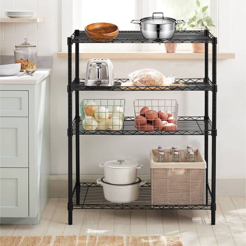 4 Tier Adjustable Metal Wire Shelving Rack - Heavy Duty Storage Shelf Unit for Kitchen, Laundry, Garage & Pantry Organization (Black) - Perfect for Storing Food, Cleaning Supplies & Household Items