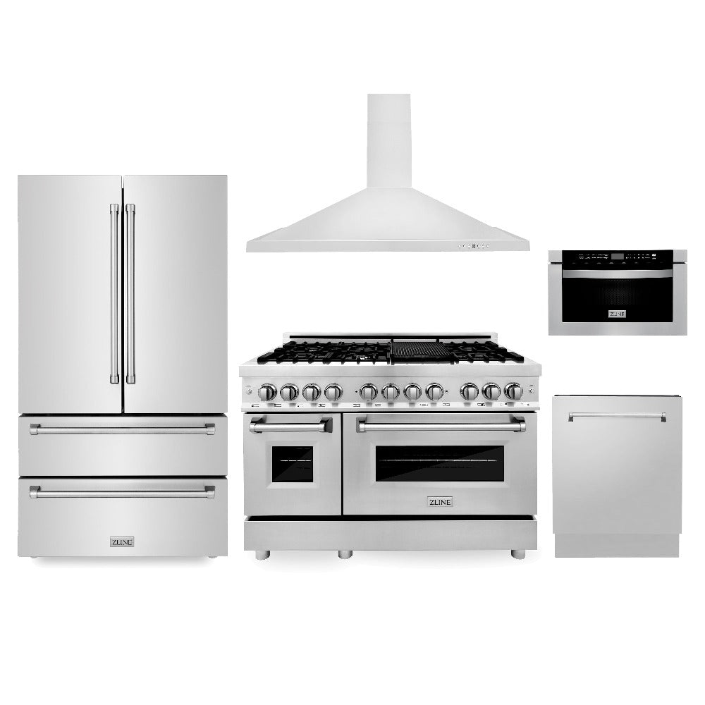 ZLINE 48-inch Stainless Steel Kitchen Package: Dual Fuel Range, Convertible Vent Hood, Microwave Drawer & Dishwasher - Professional 5KPR RARH48 MWDWV Set for Modern Home Cooking & Entertaining