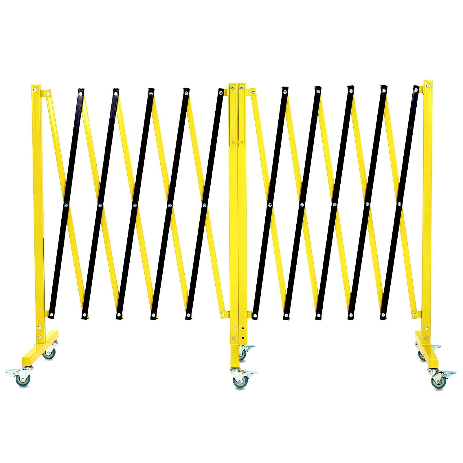 Garvee 19.8 FT Industrial Expandable Metal Barricade - Rotatable & Portable Safety Barrier with Warning Board & Casters | Retractable Traffic Fence Mobile Safety Barrier Gate (Yellow & Black) | Ideal for Construction Sites, Crowd Control & Event Safety