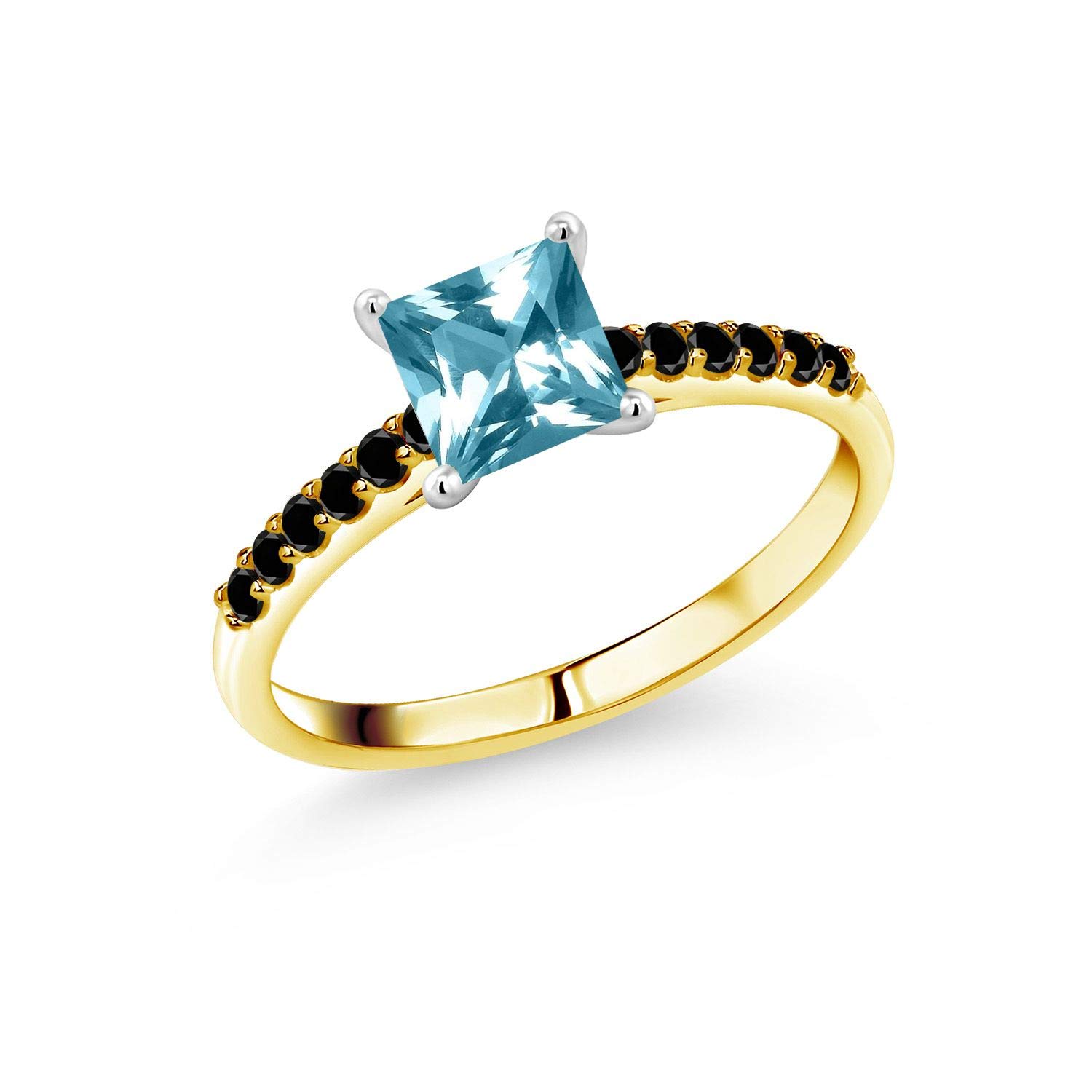 10K Yellow Gold Ring with Black Diamond & Ice Blue Topaz - Elegant White Gold Prongs for Women | Perfect for Engagement, Anniversary & Special Occasions