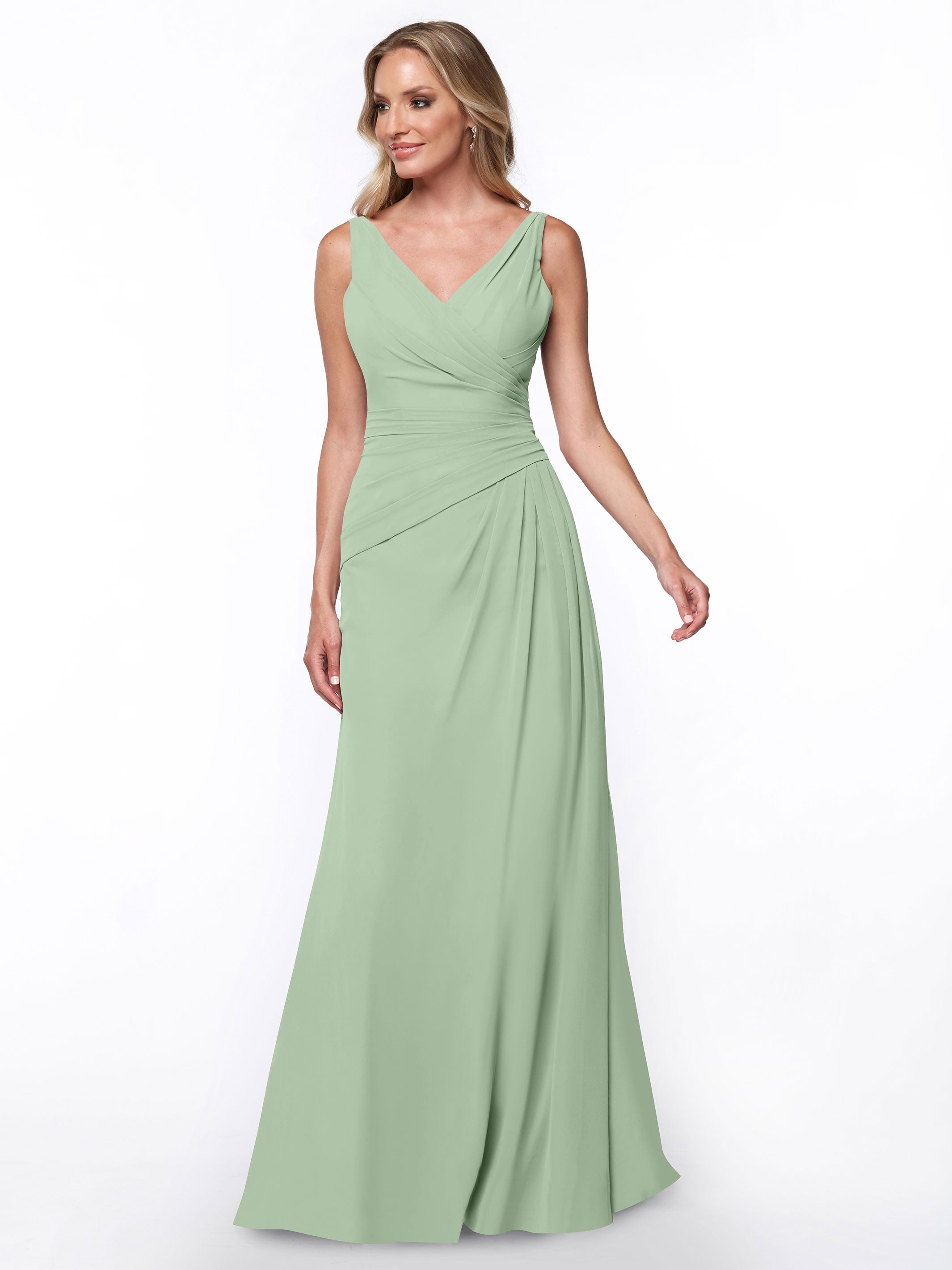 Elegant 80030 Chiffon Sheath Bridesmaid Dress with Ruching V-Neck Bodice - Perfect for Weddings, Formal Events & Special Occasions