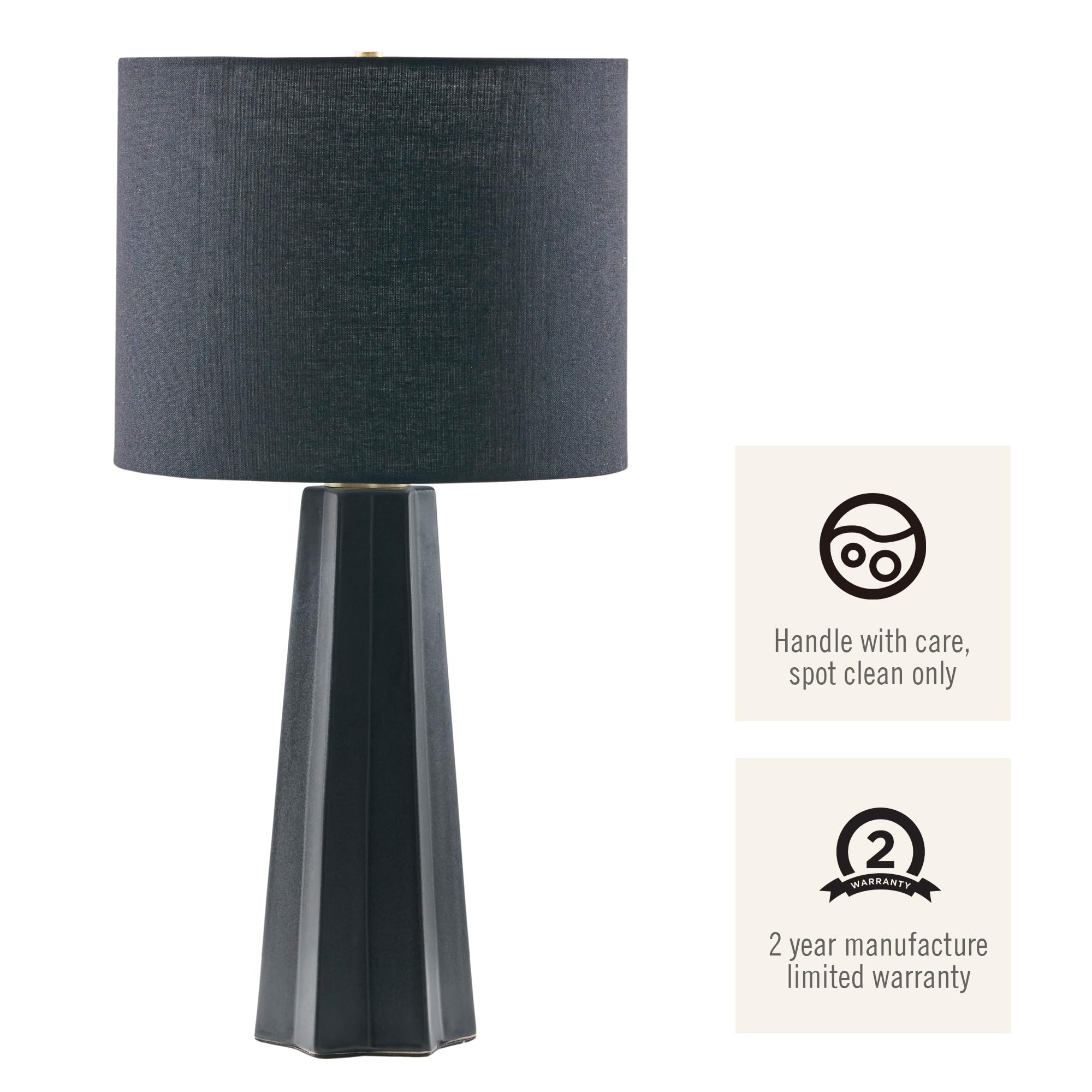 INK+IVY Matte Black Ceramic Table Lamp - Modern Geometric Nightstand Lamp with Linen Drum Shade, Fluted Design, Rotary Switch & Polarized Plug, 22