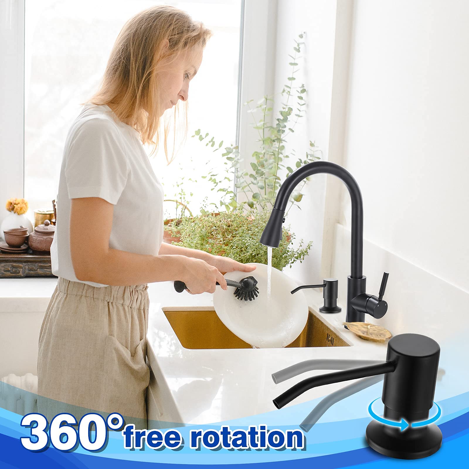 WEWE Stainless Steel Matte Black Built-In Soap Dispenser for Kitchen Sink - 10oz Top Refill Countertop Liquid Soap Dispenser | Perfect for Modern Kitchens & Bathrooms