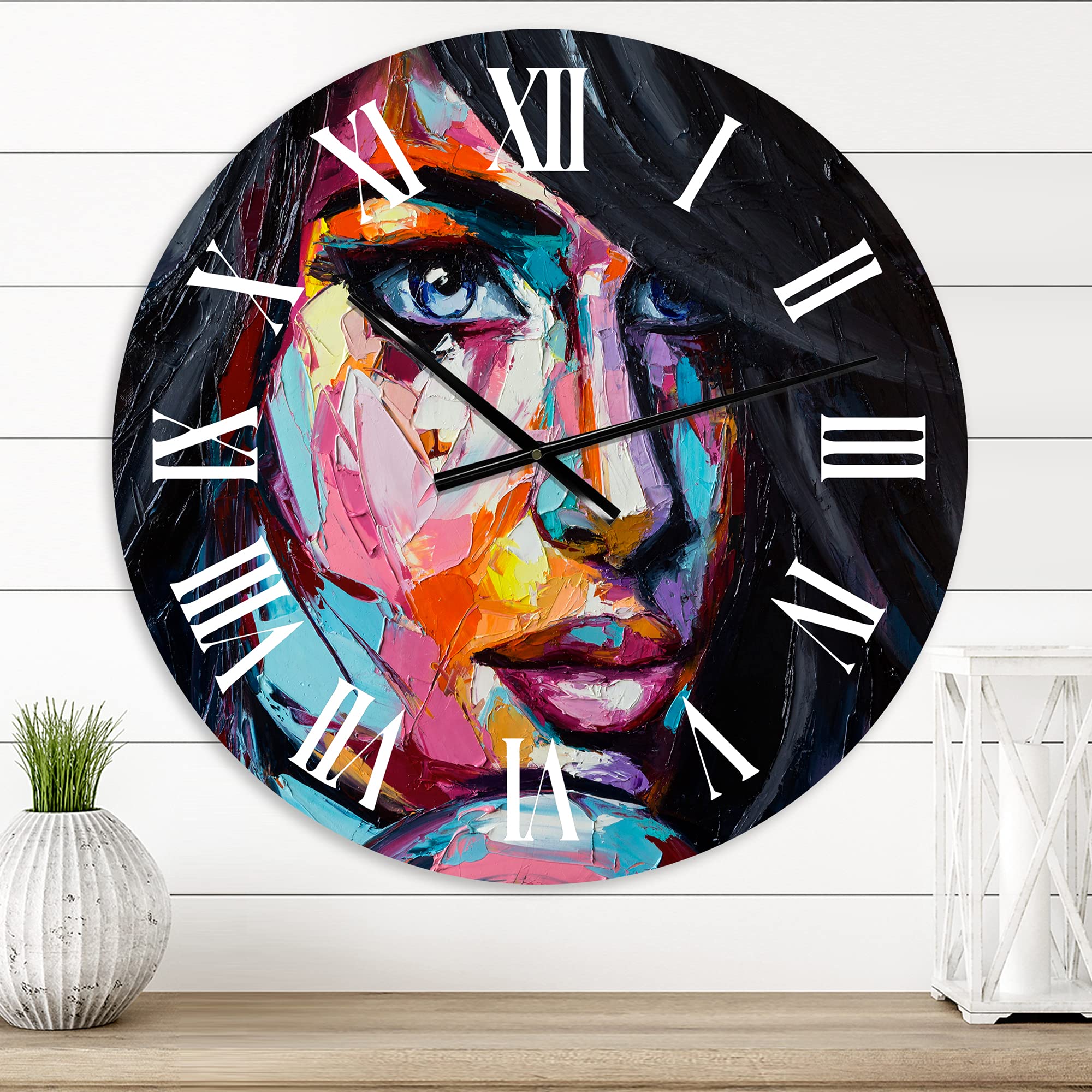 DesignQ Modern Wall Clock - Colorful Fantasy Portrait of A Young Woman II - Large Decorative Wall Clock for Kitchen, Living Room, Bedroom & Office Decor - Unique Home & Gift Idea