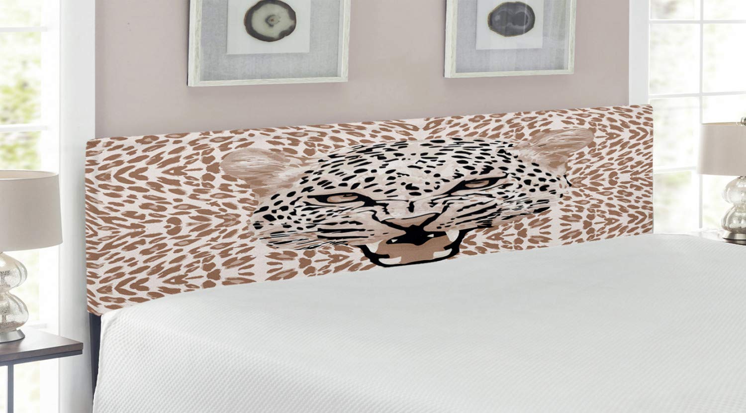 Ambesonne Modern King Size Upholstered Headboard - Roaring Leopard Portrait with Rosettes, Wild Animal Big Cat Graphic Decorative Metal Bed Headboard with Memory Foam in Cocoa Beige Black | Perfect for Bedroom Decor, Jungle Theme Rooms & Luxury Master Suites