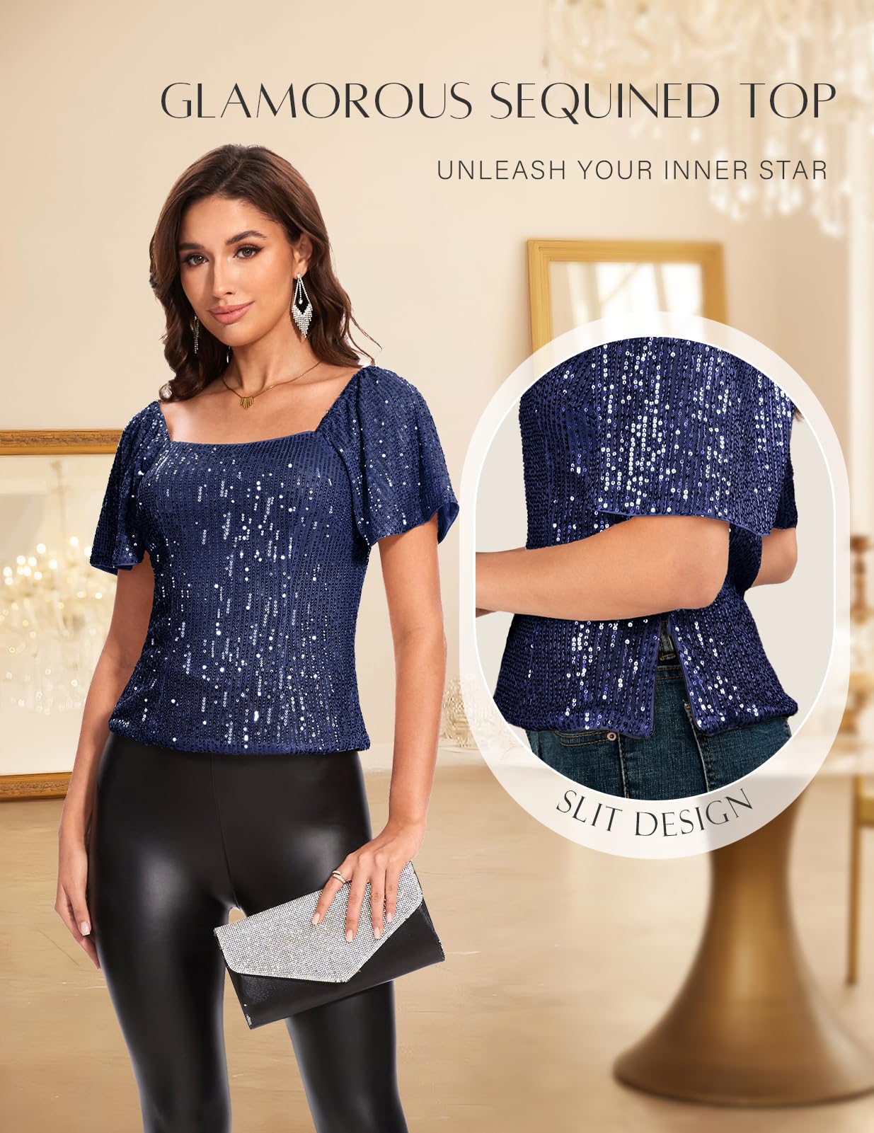 Sparkly Sequin Tops for Women - Short Sleeve Glitter Blouse with Square Neck & Ruffle Detail | Elegant Clubwear & Party Shirts for Night Out, Dinner Date, and Special Occasions