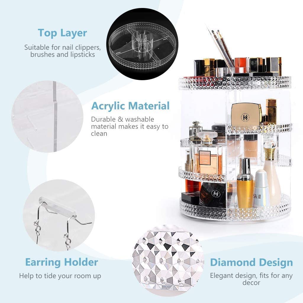 360° Rotating Acrylic Makeup Organizer with Drawer - 2-in-1 Cosmetic Storage Case for Brushes, Perfume & Jewelry Display | Perfect Vanity Organizer & Gift for Women | Home Bathroom Bedroom Beauty Organization