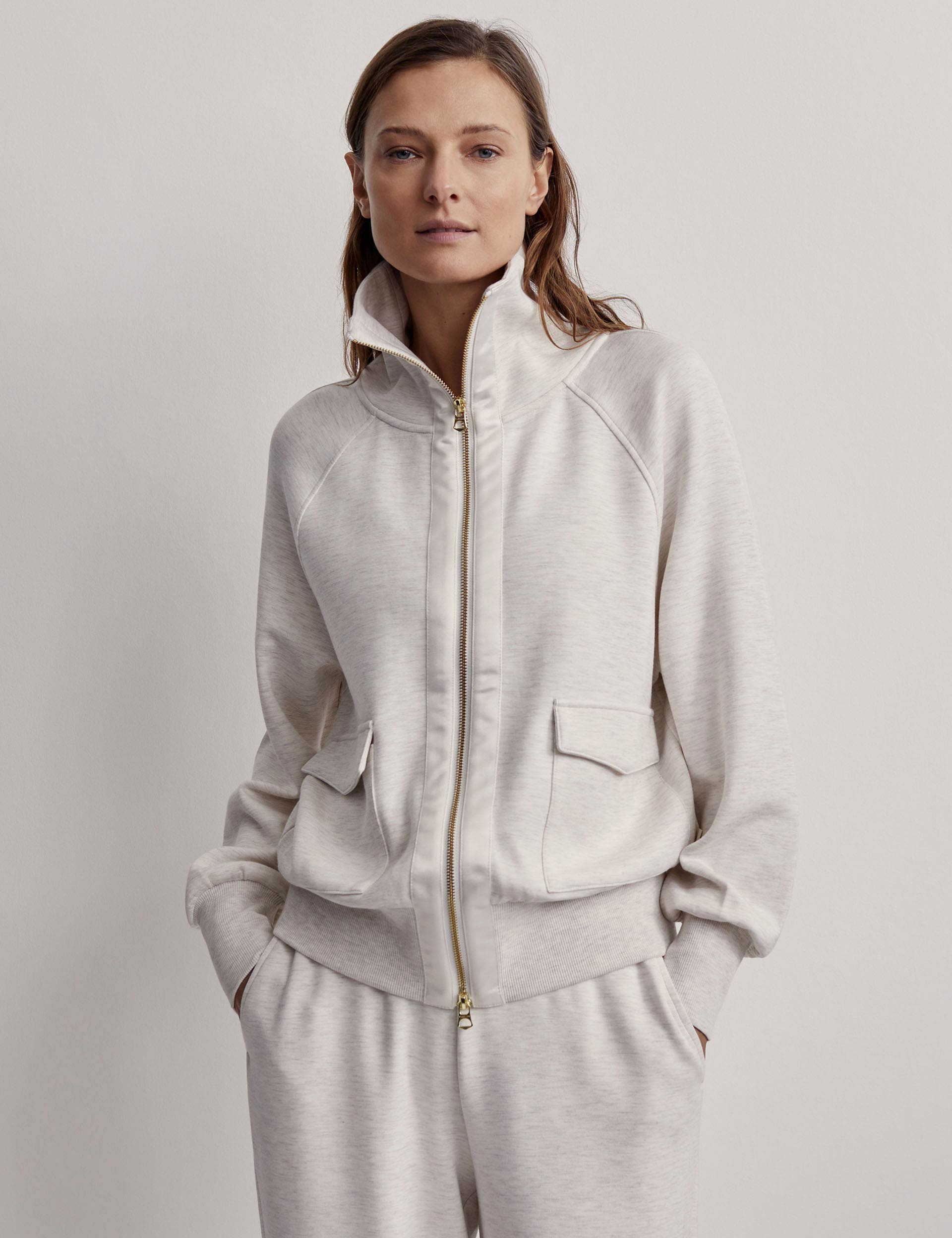 Roxbury Zip Through Sweat Jacket - Ivory Marl | Lightweight Fleece Pullover for Men & Women | Perfect for Running, Hiking & Outdoor Activities