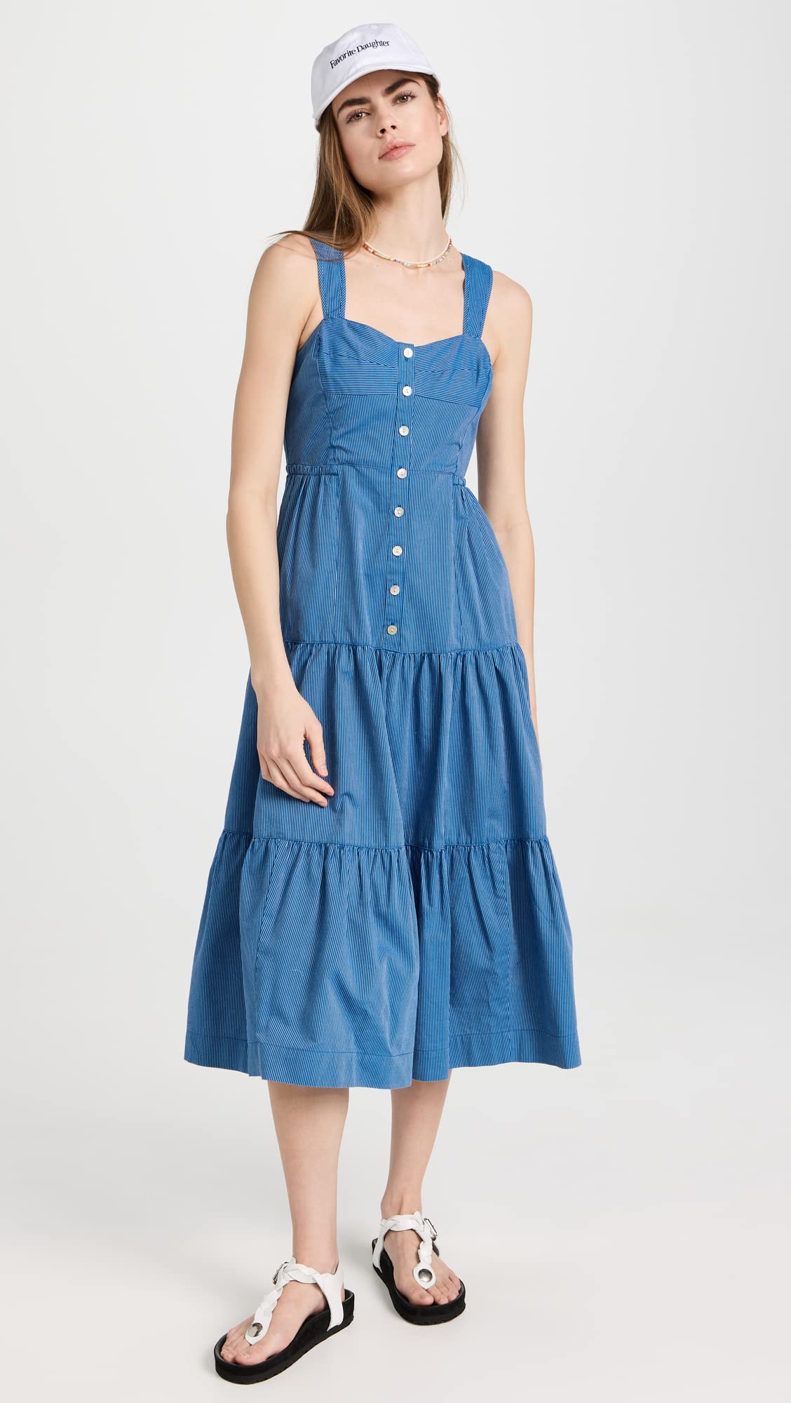 Madewell Women's Button-Front Tiered Midi Dress - Striped Floral Summer Dress for Casual Outings, Beach Vacations & Brunch Dates