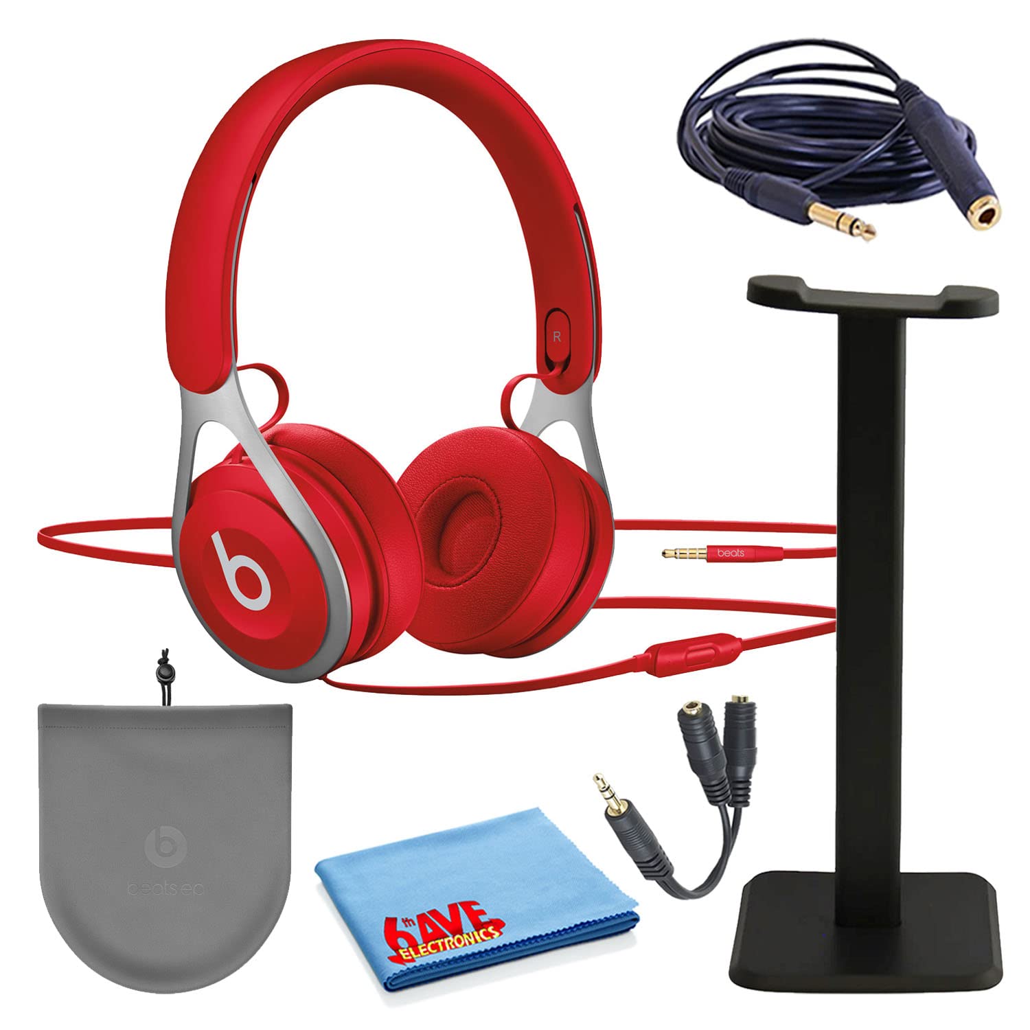 Beats EP On-Ear Wired Headphones - Red (ML9C2LL/A) with Headphone Stand, Extension Cable & Splitter | Studio Monitoring, Gaming & Music Listening | Premium Audio Bundle for Home & Office Use