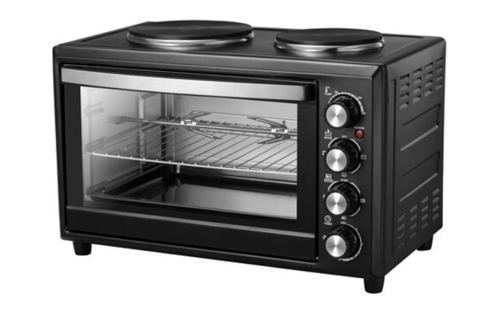 Sheffield 33L Mini Oven with Hotplates - Compact Countertop Convection Oven - Matt Black Finish - Perfect for Small Kitchens, Dorms, RVs & Baking Cookies, Pizza, Roasts