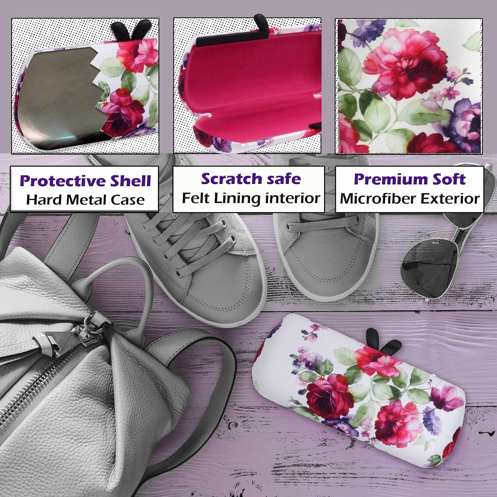 Stylish Women's Hard Glasses Case - Cute Small Sunglasses Holder with Handle - Fashionable Eyeglass Storage with Drawstring Pouch & Cleaning Cloth | Perfect for Travel, Work & Everyday Use