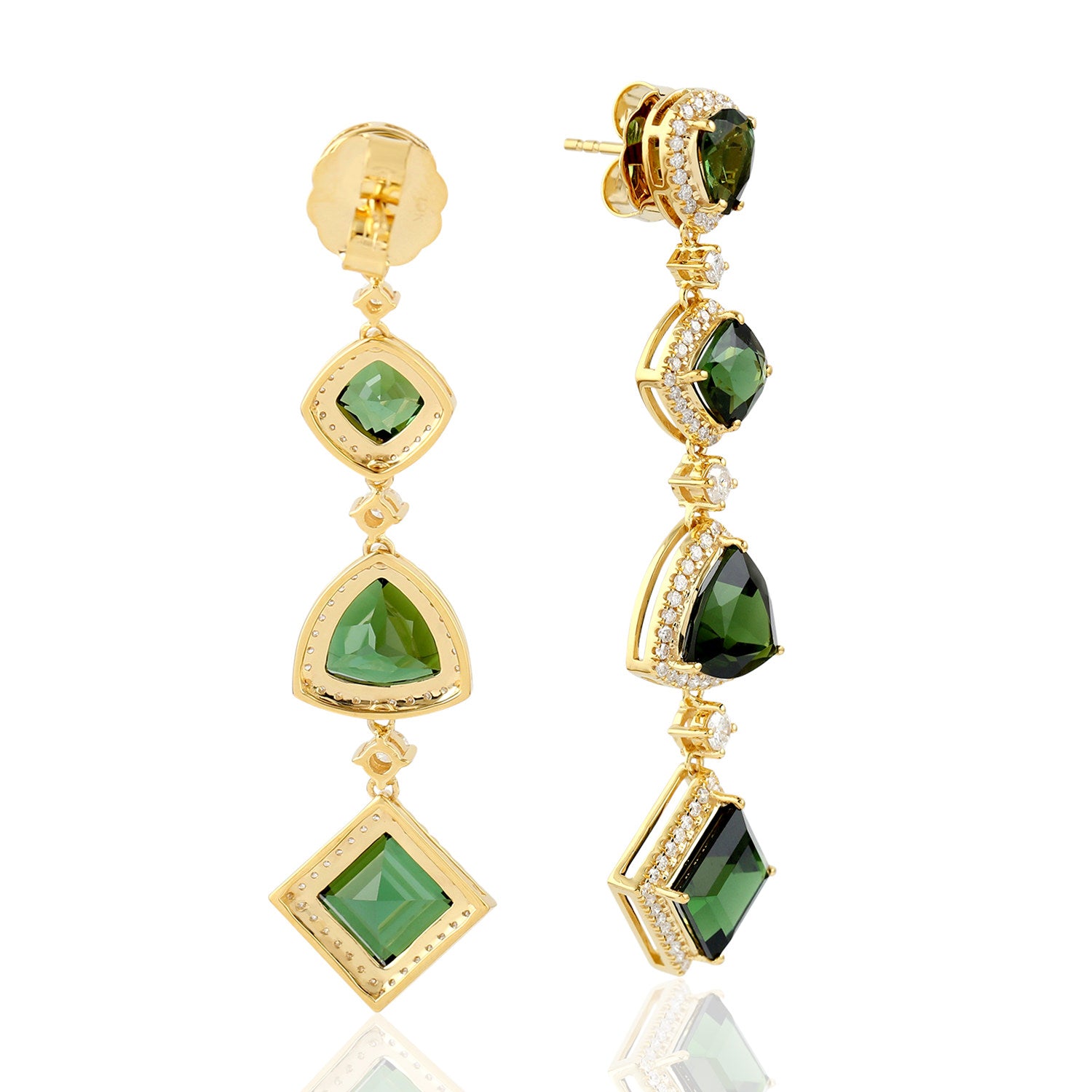 18K Yellow Gold Green Tourmaline Gemstone Pave Diamond Dangle Earrings - Perfect for Weddings, Parties & Special Occasions