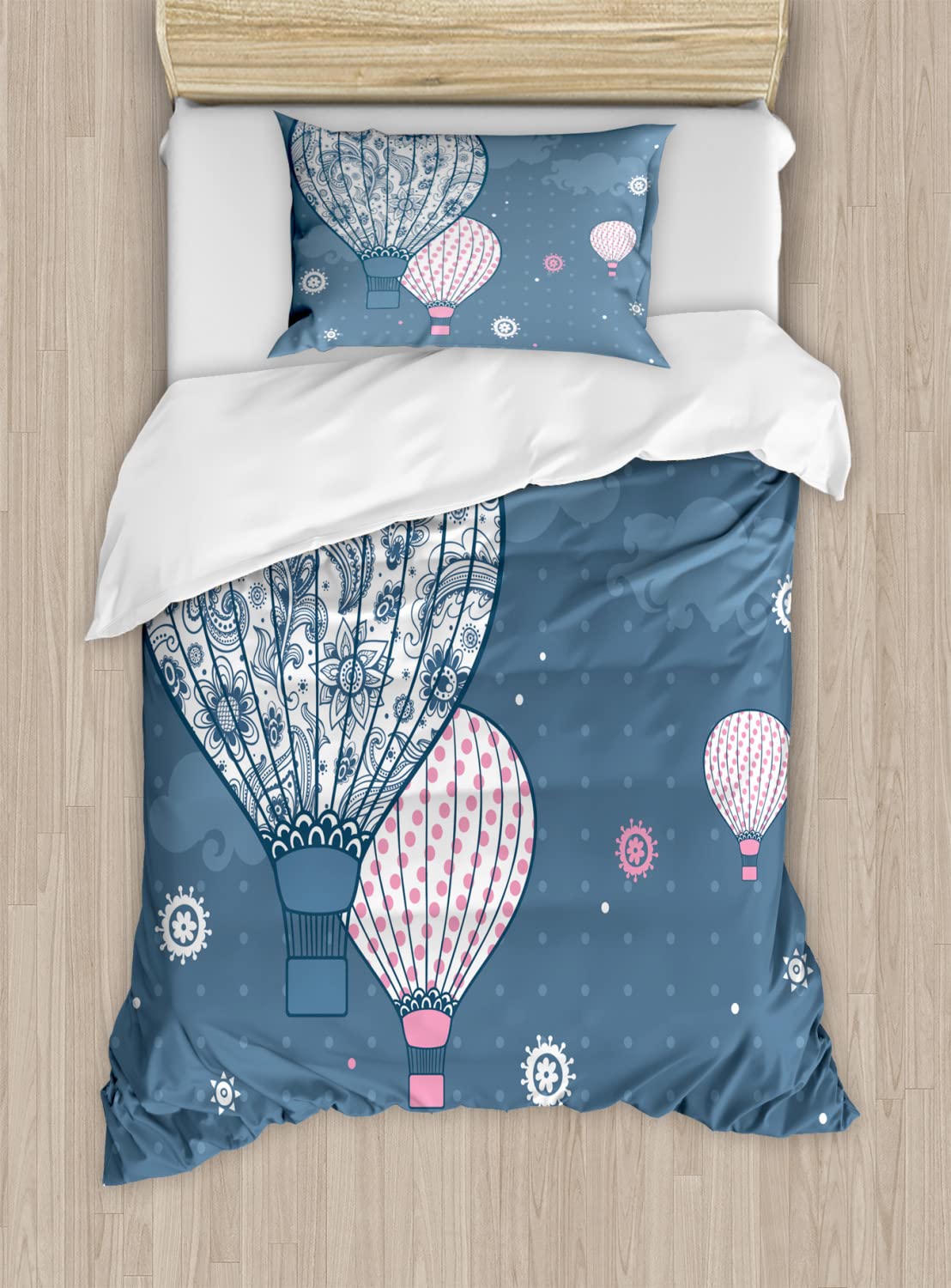 Ambesonne Retro Duvet Cover Set - Air Balloon Polka Dot Paisley Print Bedding - 2 Duvet Covers & 4 Pillowcases - Queen Size 2-Pack in Slate Blue & Pale Pink - Perfect for Bohemian & Vintage Bedroom Decor