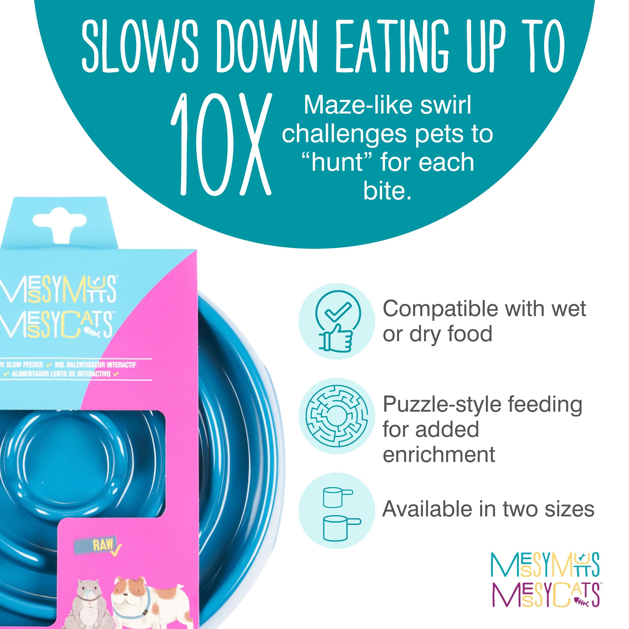 Messy Mutts Interactive Slow Feeder Dog Bowl – Puzzle Feeder for Dogs & Cats to Slow Eating, Prevent Bloating – 8” x 1.3” – 1.75 Cup Capacity – Blue – Perfect for Mealtime Enrichment & Digestive Health