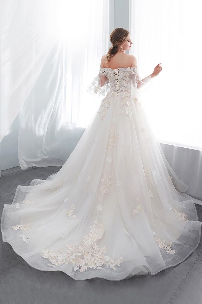 Elegant Off-the-Shoulder Ball Gown Wedding Dress with Appliques & Tulle Skirt - Floor Length Formal Gown for Brides, Prom, Quinceañera & Special Occasions