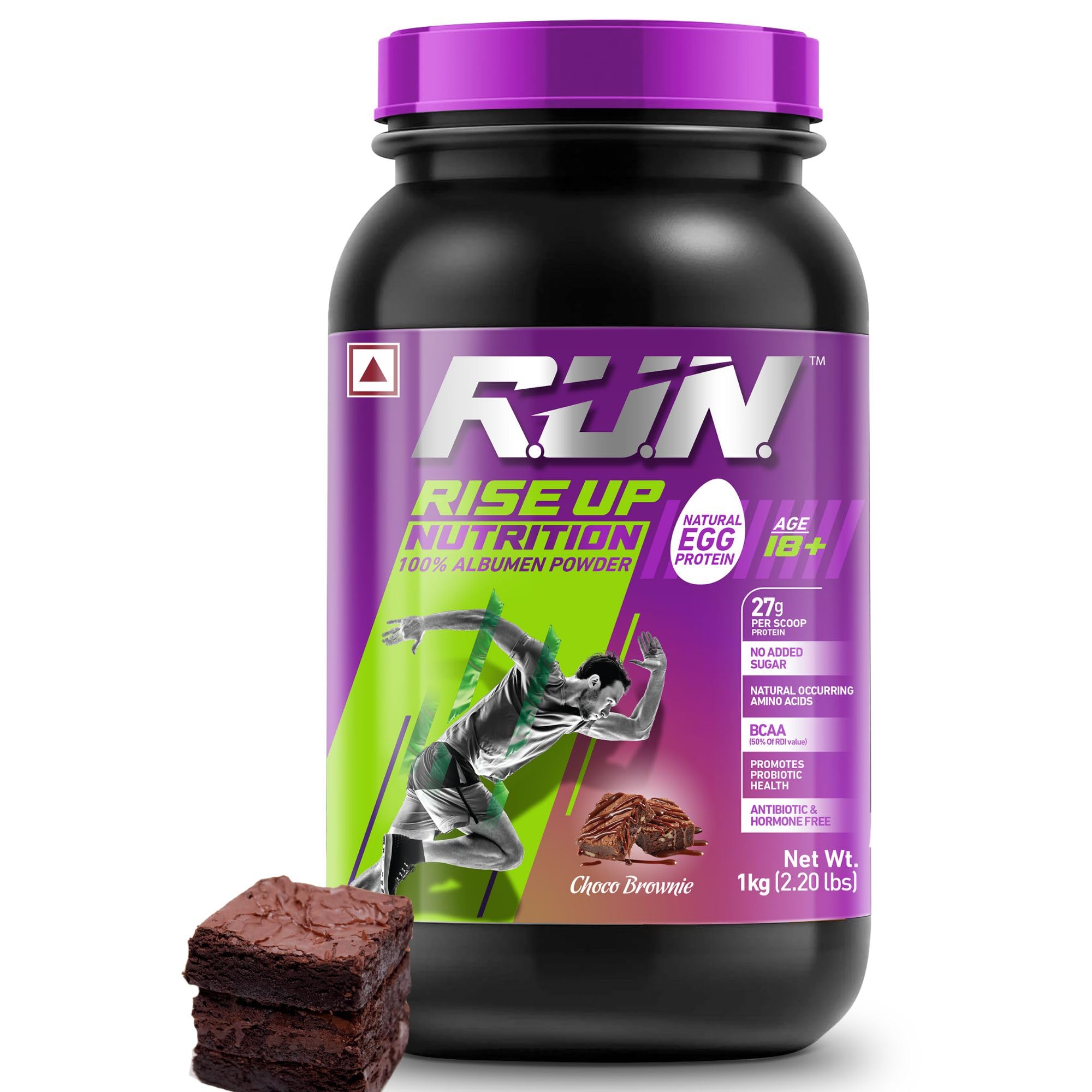 R.U.N-RISE UP NUTRITION Egg White Protein Powder for Athletes & Fitness - 27g Protein, 14g EAA, Lactose/Soy/Gluten Free - Supports Immunity & Muscle Recovery - Chocolate Brownie Flavor (1kg) - Perfect for Post-Workout Shakes, Smoothies & Baking