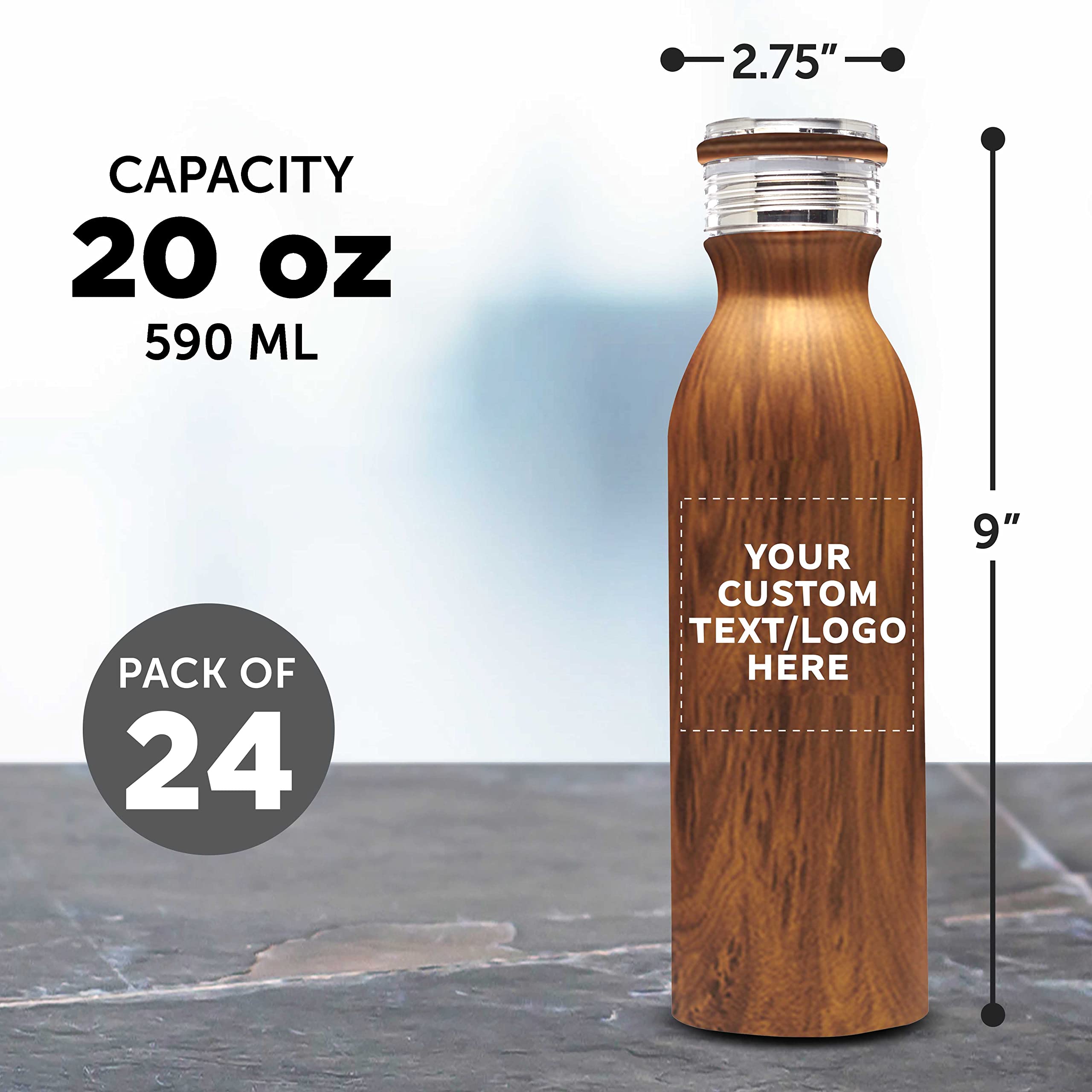 Echo 20 oz Custom Stainless Steel Water Bottles - 24-Pack Bulk Personalized Vacuum Insulated Double Wall Thermos - Keeps Coffee, Tea & Beverages Hot/Cold for 24 Hours - Ideal for Office, Gym, Camping & Outdoor Activities