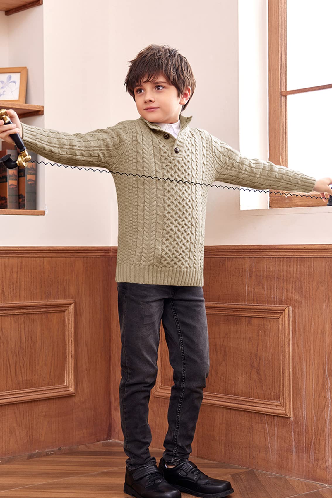 Makkrom Boys' Mock Neck Pullover Sweater - Long Sleeve Cable Knit Button Jumper for Kids - Warm Winter Outfit for School & Outdoor Activities