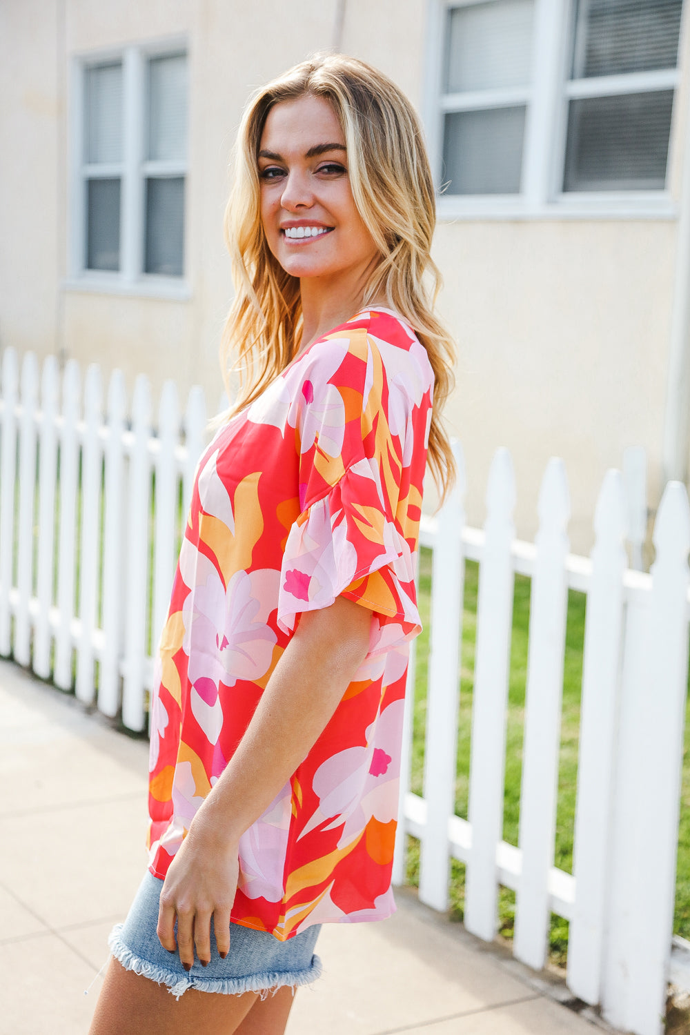 Haptics Tropical Vibes Peach Floral Dolman Ruffle Sleeve Blouse - Women's Casual Summer Top for Beach Vacation & Boho Outfits