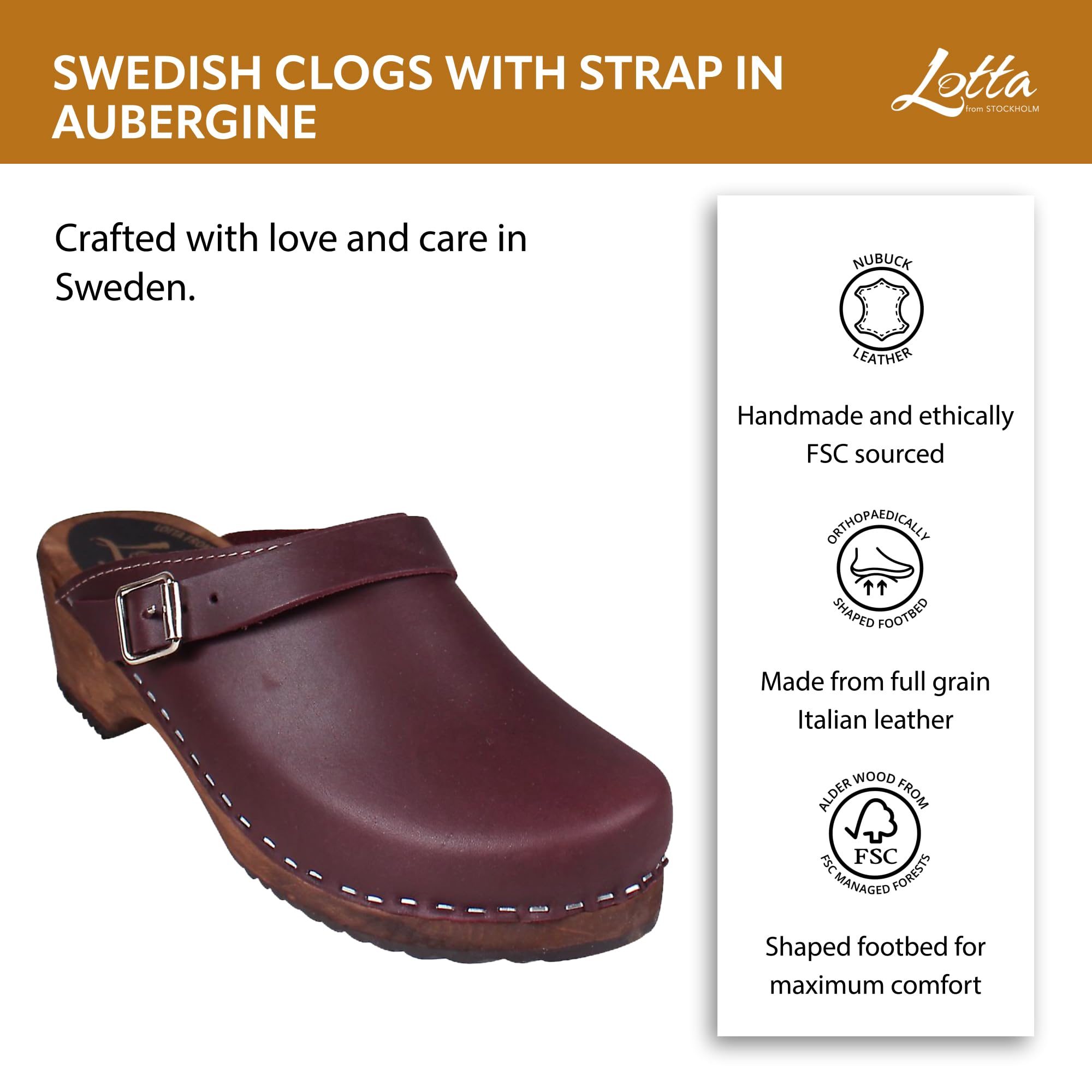 Swedish Classic Clog with Strap for Women - Slip-On Comfortable Wooden Shoes with Genuine Leather | Brown Wood Base & Aubergine Buckle | Made in Sweden | Perfect for Casual Wear, Gardening & Outdoor Activities
